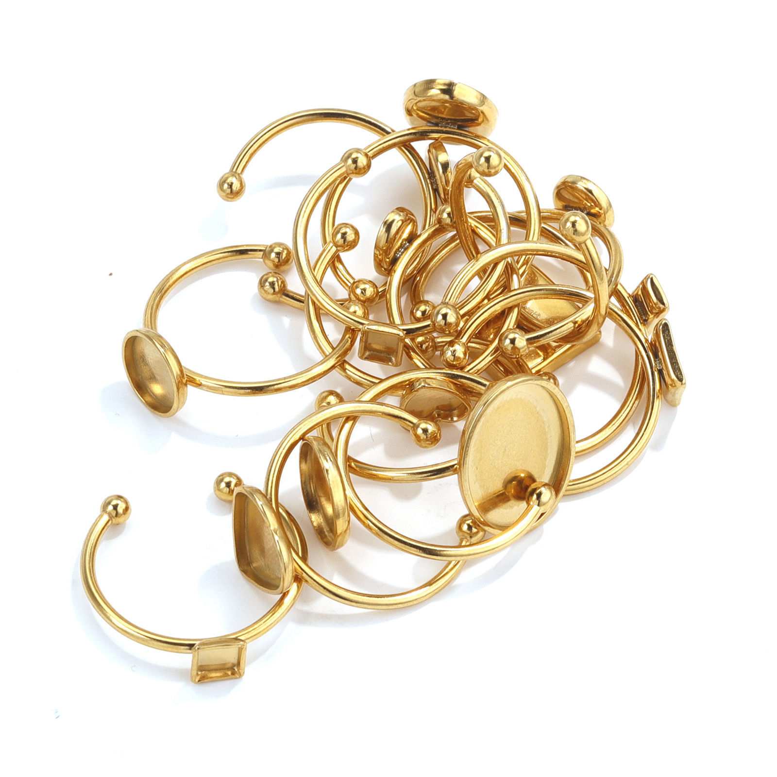 Изображение 304 Нержавеющая Сталь Открытые Регулируемые Кольца 18K Позолоченный геометрический Основы для Кабошонов 18мм(Американский Размер 7.75), 2 ШТ