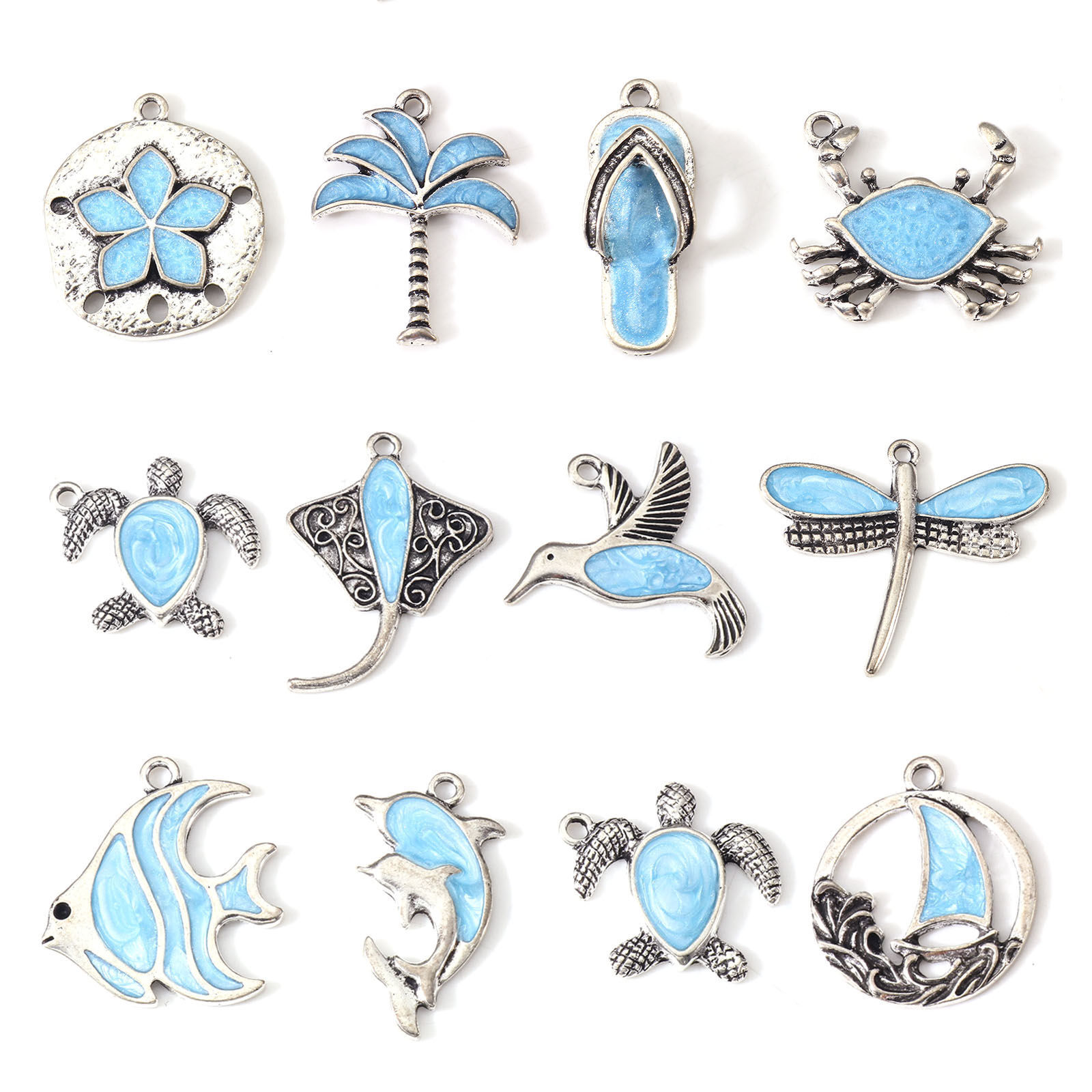 Picture of Zinc Based Alloy Charms Antique Silver Color Blue Crab Animal Bird Enamel