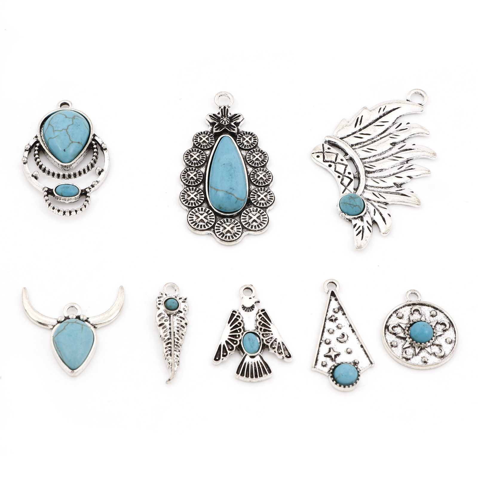 Picture of Zinc Based Alloy Boho Chic Bohemia Pendants Antique Silver Color Imitation Turquoise