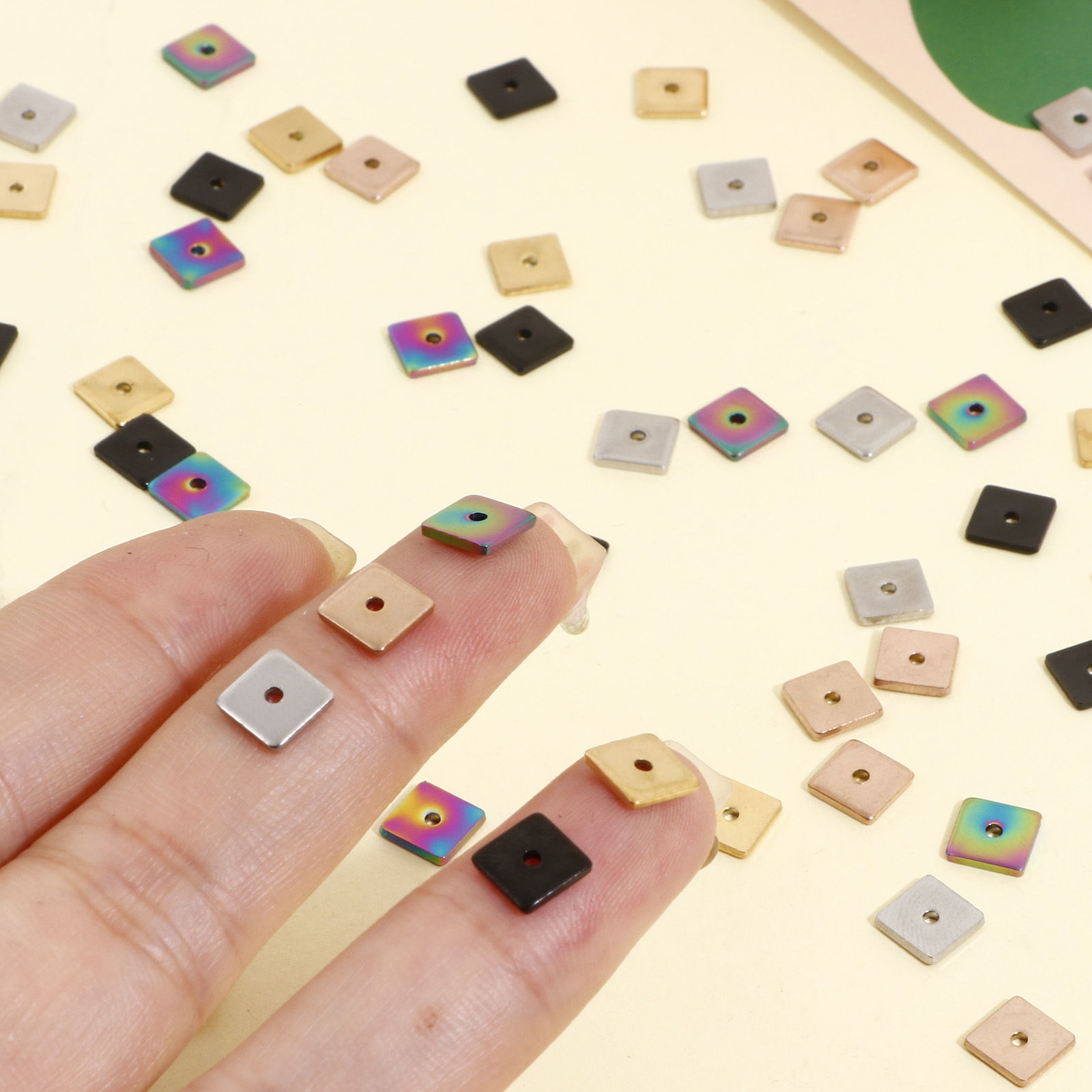Picture of Eco-friendly Vacuum Plating 304 Stainless Steel Spacer Beads For DIY Bracelet Jewelry Making Findings Square Multicolor 6mm x 6mm