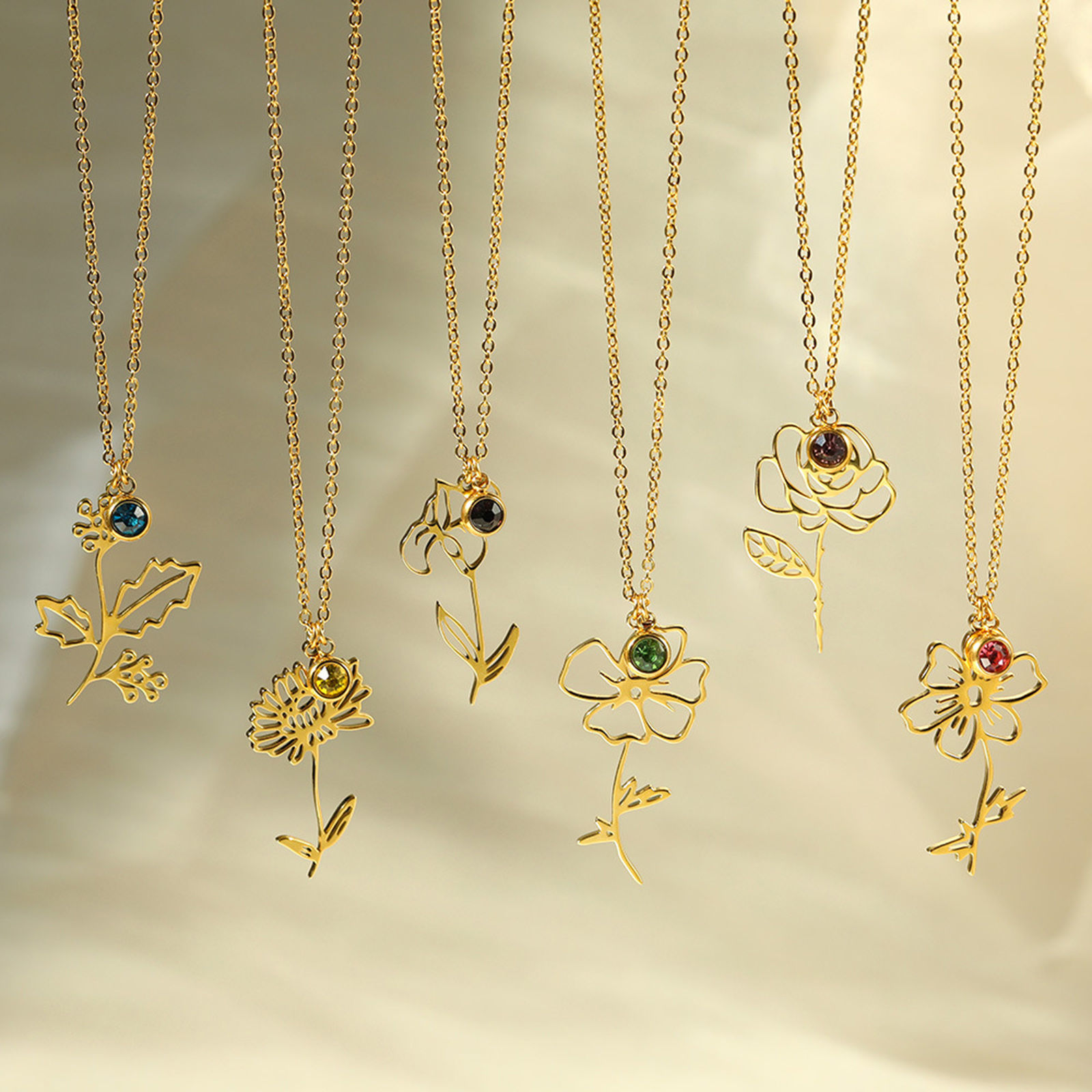 Imagen de 304 Acero Inoxidable Flor del Mes de Nacimiento Rollo Cadena Collares 18k Chapado en Oro Hueco 38cm longitud, 1 Unidad