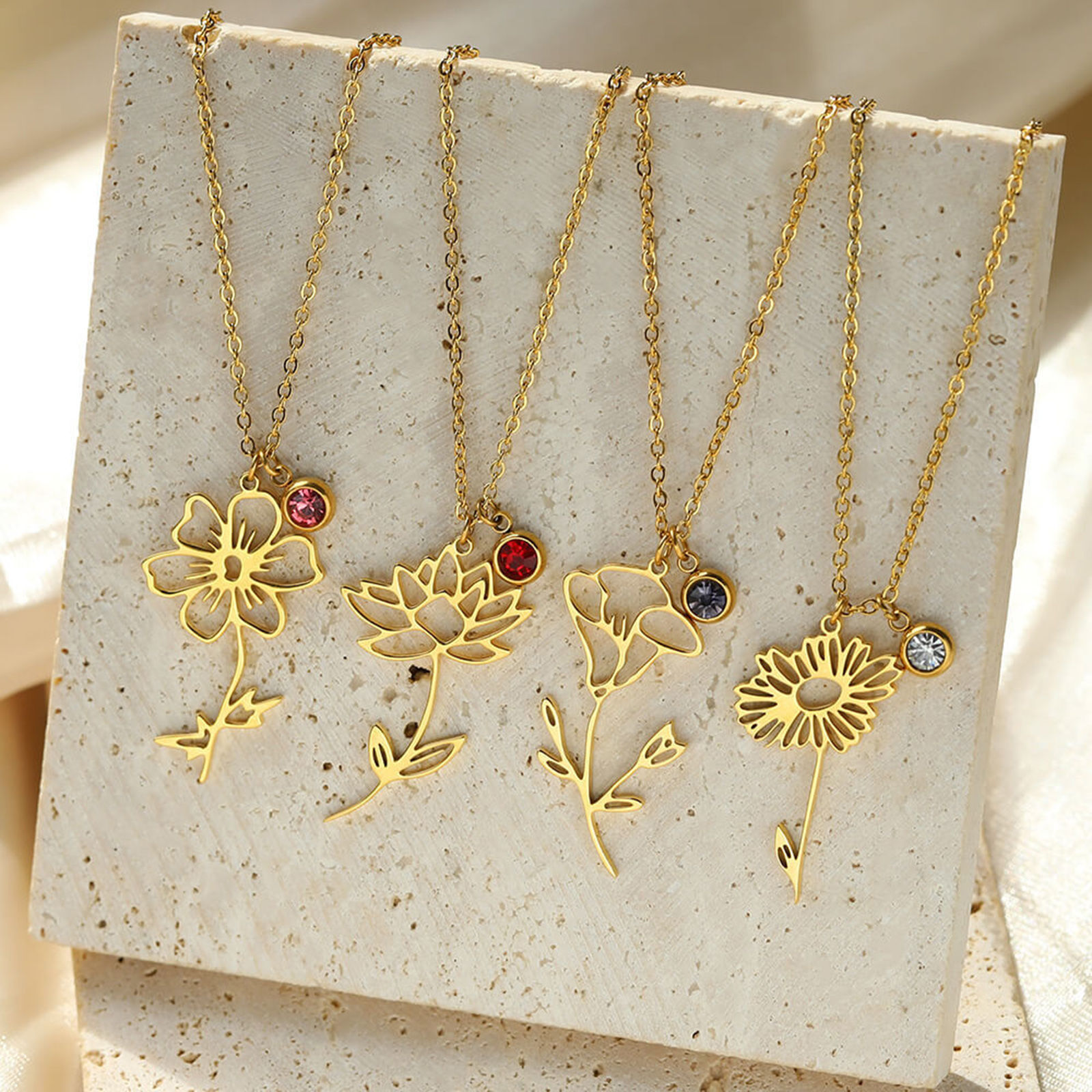 Imagen de 304 Acero Inoxidable Flor del Mes de Nacimiento Rollo Cadena Collares 18k Chapado en Oro Hueco 38cm longitud, 1 Unidad
