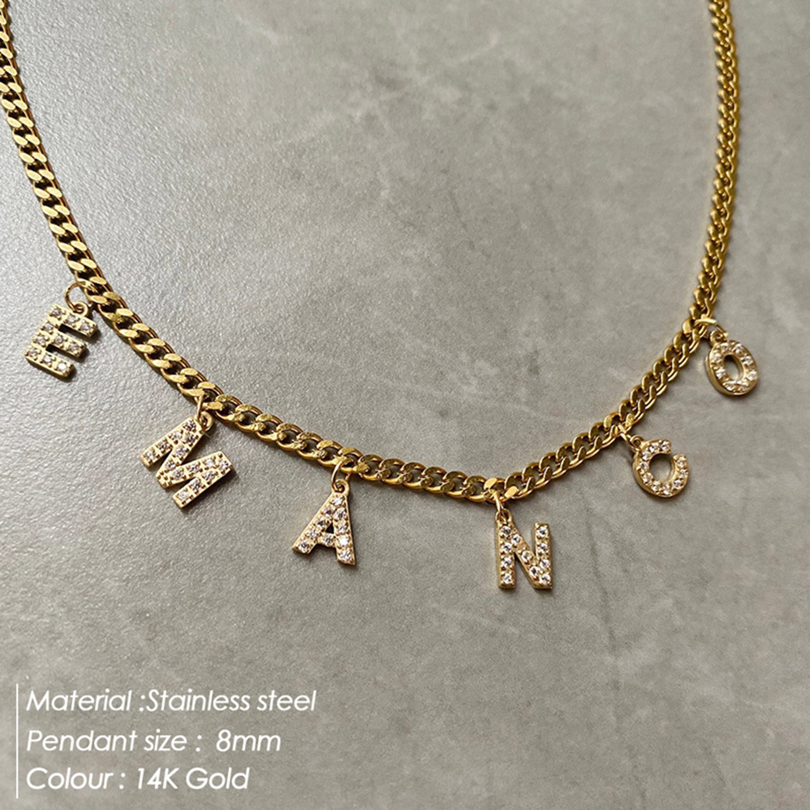 Picture of 304 Stainless Steel & Cubic Zirconia Customized Name Necklace Personalized Letter Charm Pendant Capital Alphabet Initial Letter 14K Gold Plated 45cm(17.7") long