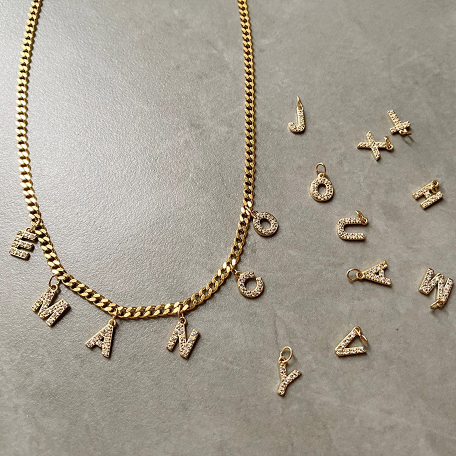 Picture of 304 Stainless Steel & Cubic Zirconia Customized Name Necklace Personalized Letter Charm Pendant Capital Alphabet Initial Letter 14K Gold Plated 45cm(17.7") long