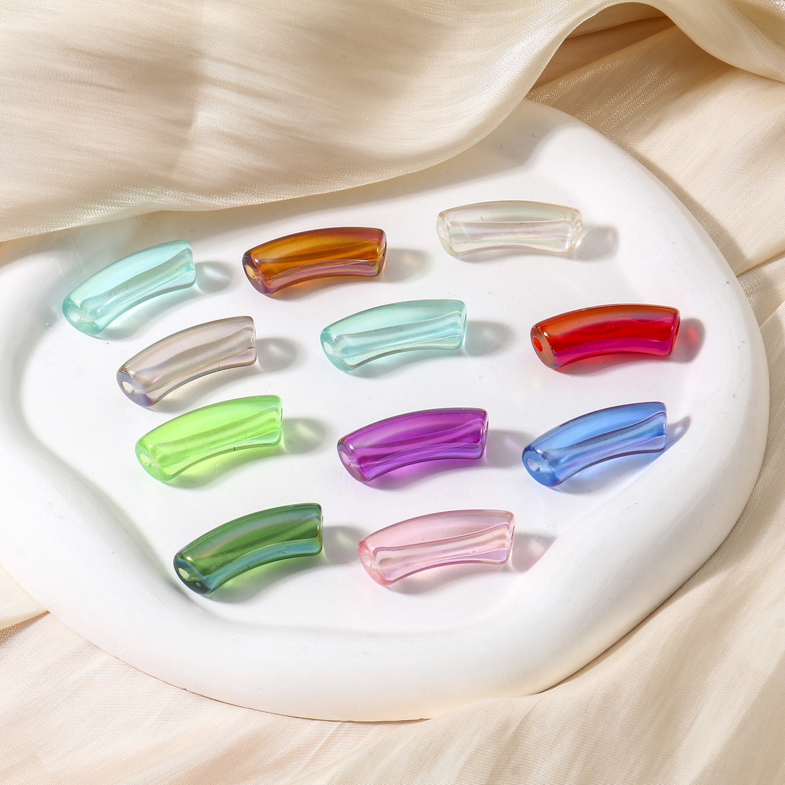 Picture of Acrylic Beads For DIY Jewelry Making AB Rainbow Color Arc About 34.5mm x 11mm