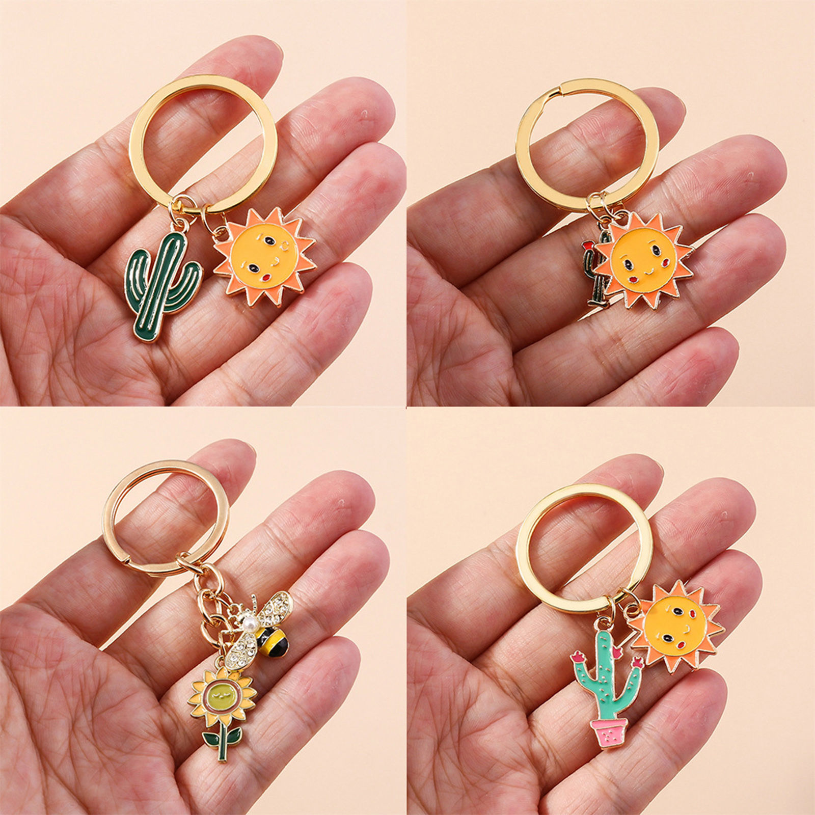 Picture of Pastoral Style Keychain & Keyring Gold Plated Cactus Sunflower Enamel