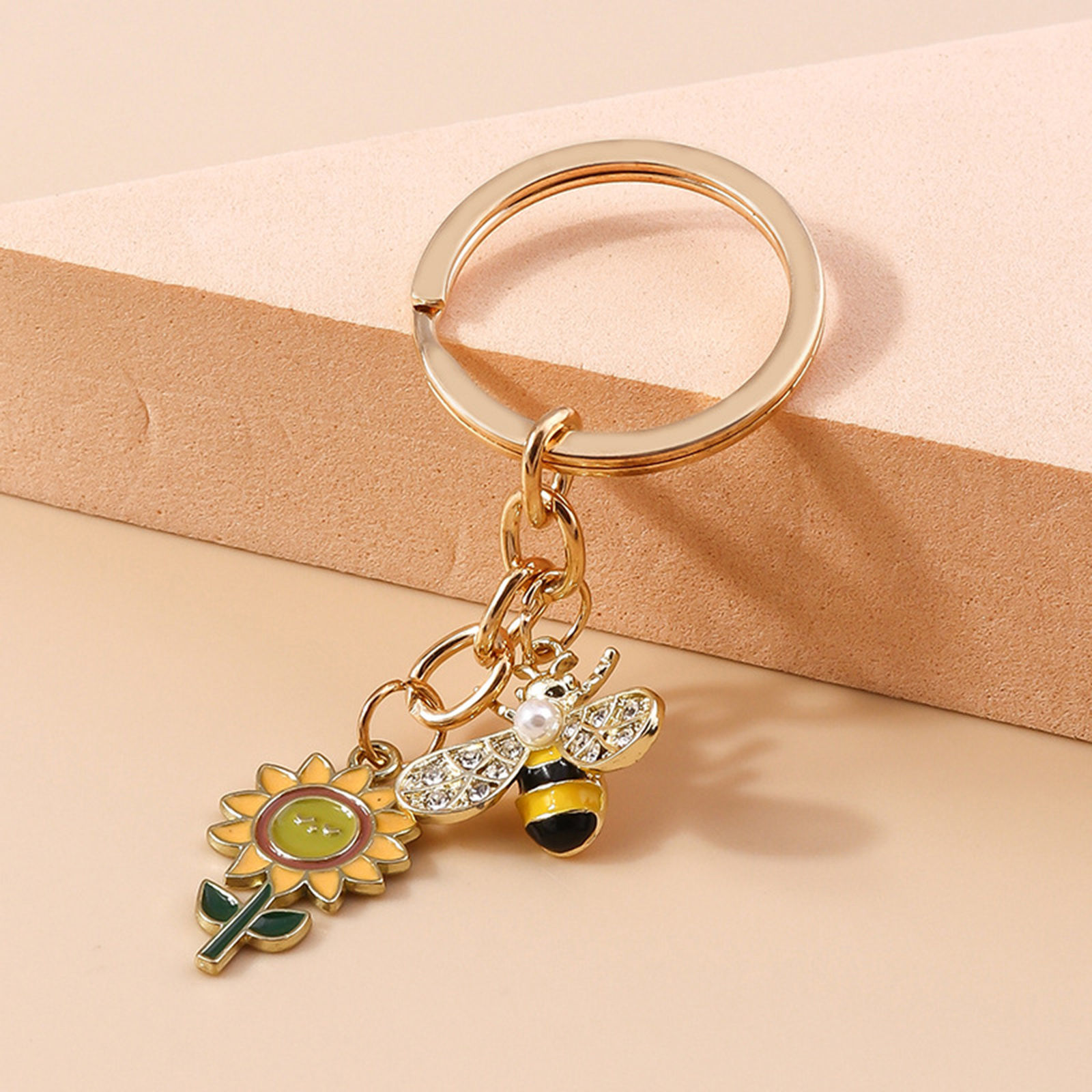 Picture of Pastoral Style Keychain & Keyring Gold Plated Cactus Sunflower Enamel