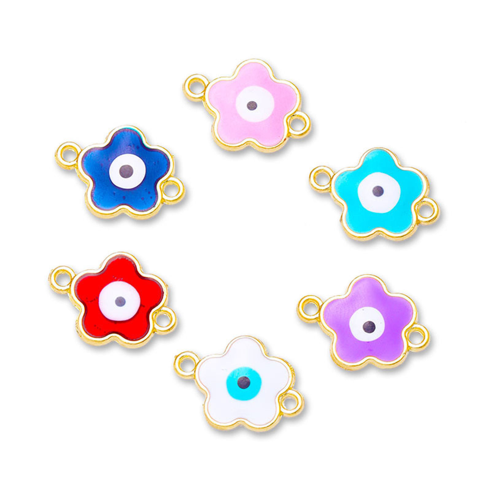 Picture of Zinc Based Alloy Religious Connectors Charms Pendants Gold Plated Multicolor Flower Evil Eye Enamel 19mm x 14mm