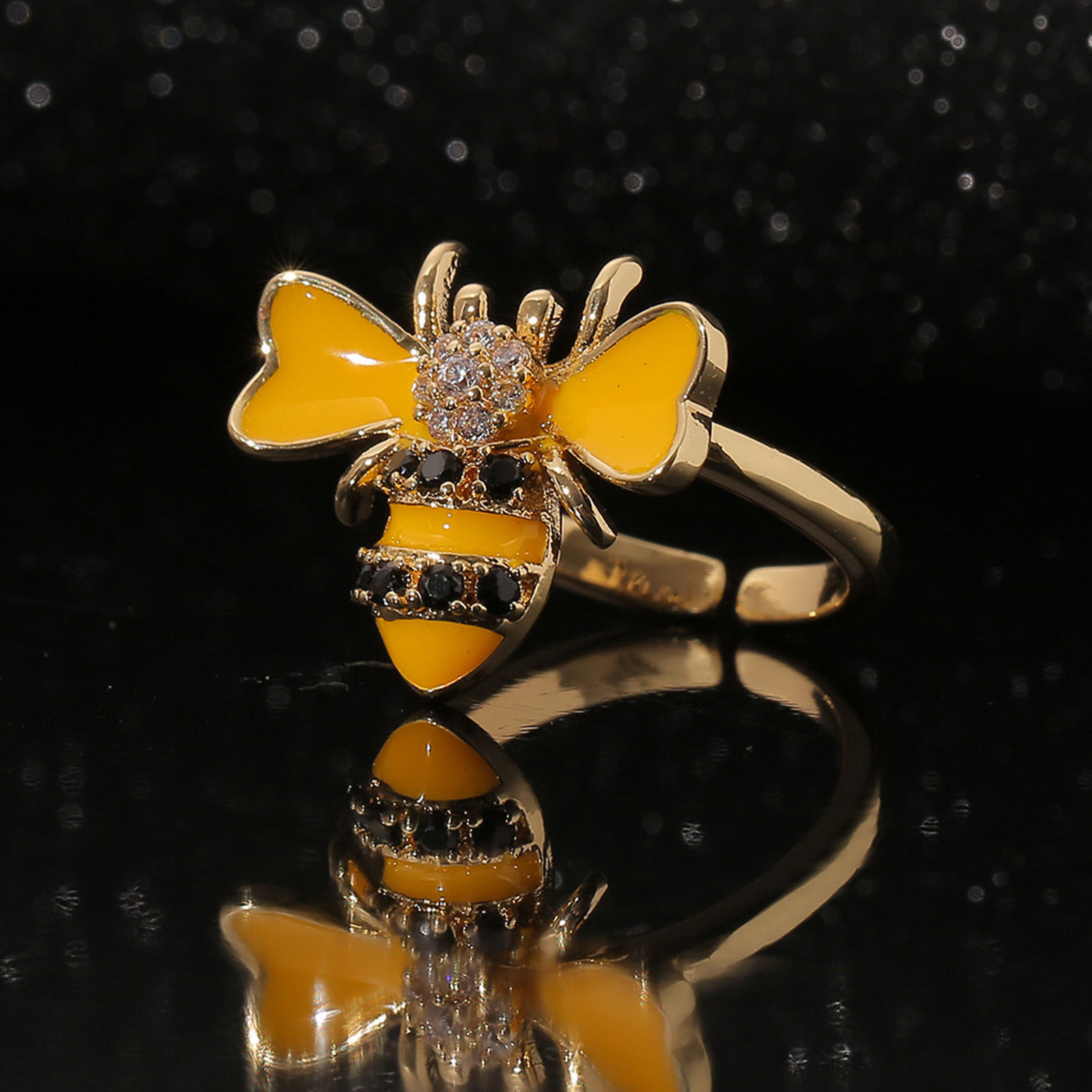 Изображение Экологичный Стильный Насекомое 18K настоящее золото с покрытием Разноцветный Медь+Искусственный Циркон Открытый Пчелы С Эмалью Кольца Для женщин Партия 1 ШТ