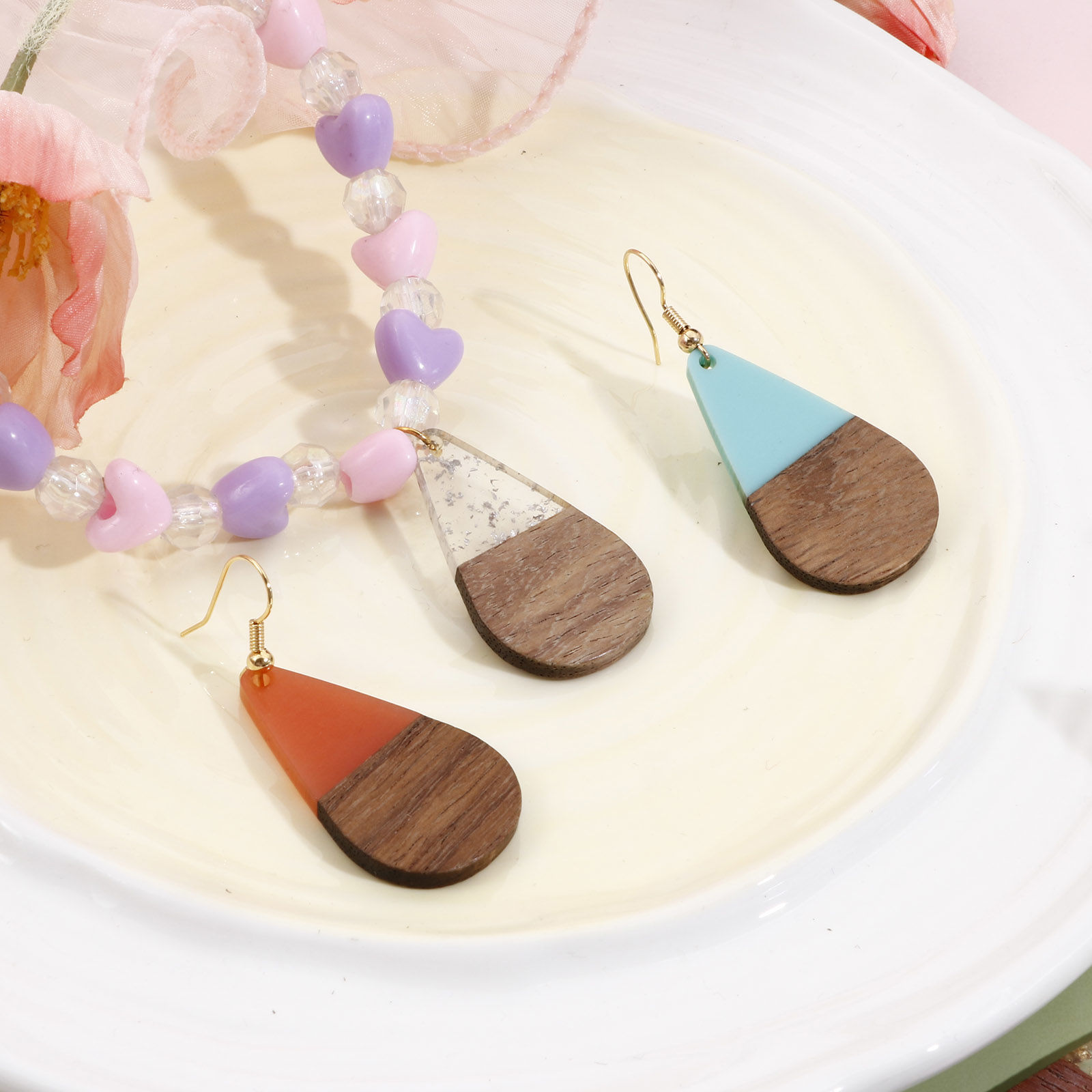 Immagine di Resina Effetto Legno Ciondoli Multicolore Goccia 3.8cm x 2.2cm, 2 Pz