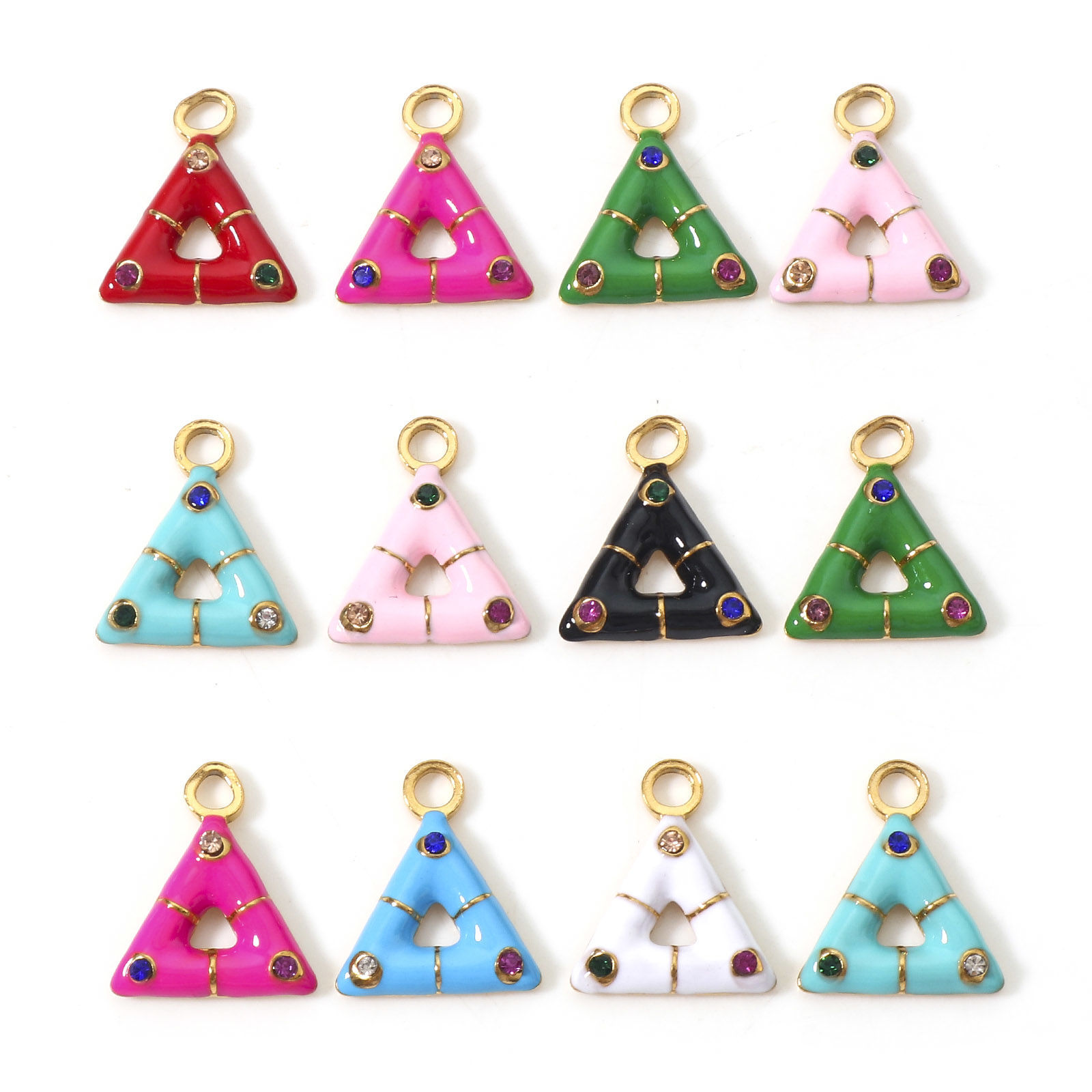 Picture of 304 Stainless Steel Geometry Series Charms Gold Plated Triangle Enamel Multicolor Rhinestone 15mm x 13mm