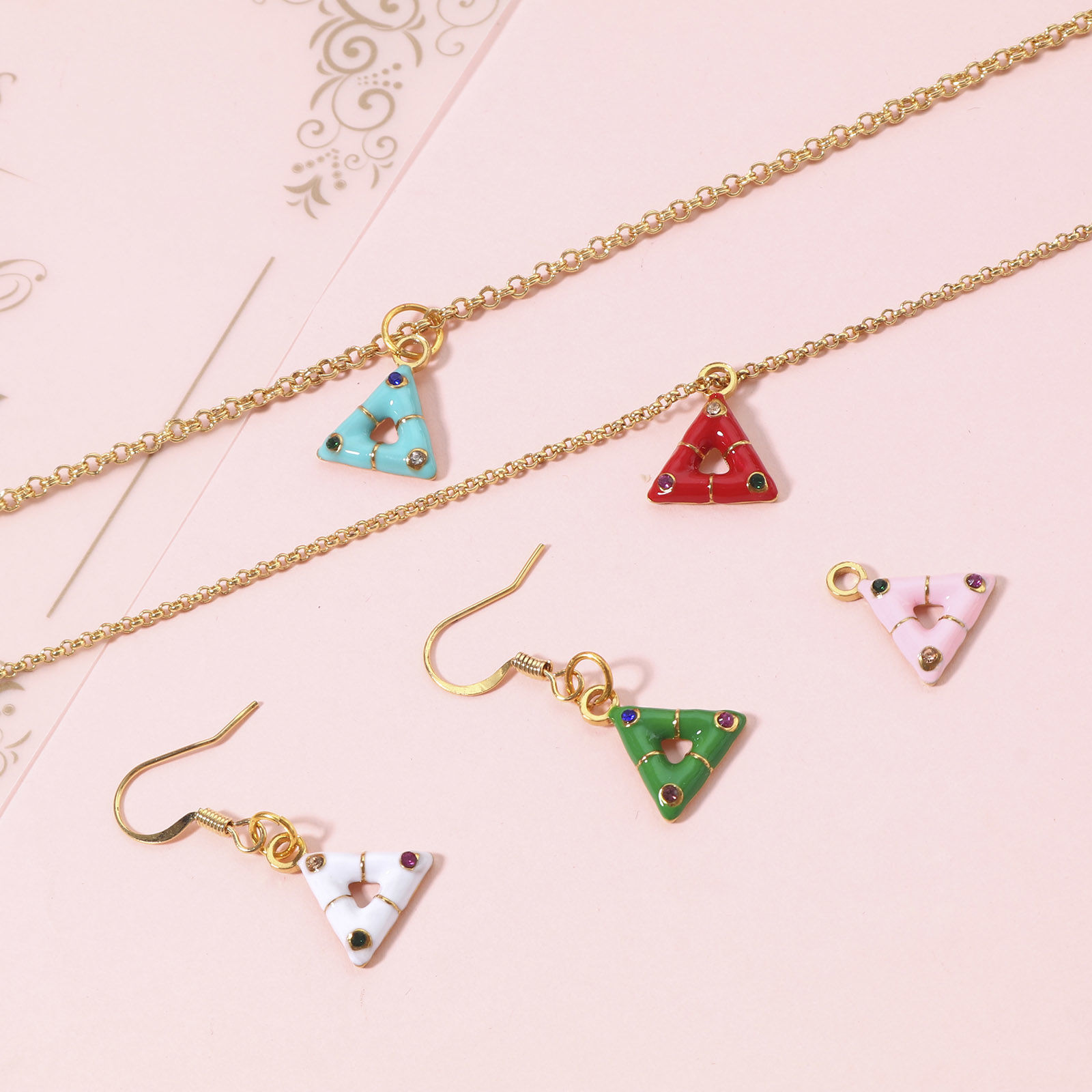 Picture of 304 Stainless Steel Geometry Series Charms Gold Plated Triangle Enamel Multicolor Rhinestone 15mm x 13mm