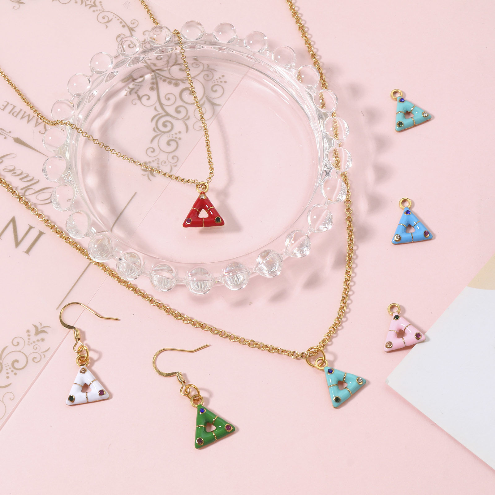 Picture of 304 Stainless Steel Geometry Series Charms Gold Plated Triangle Enamel Multicolor Rhinestone 15mm x 13mm