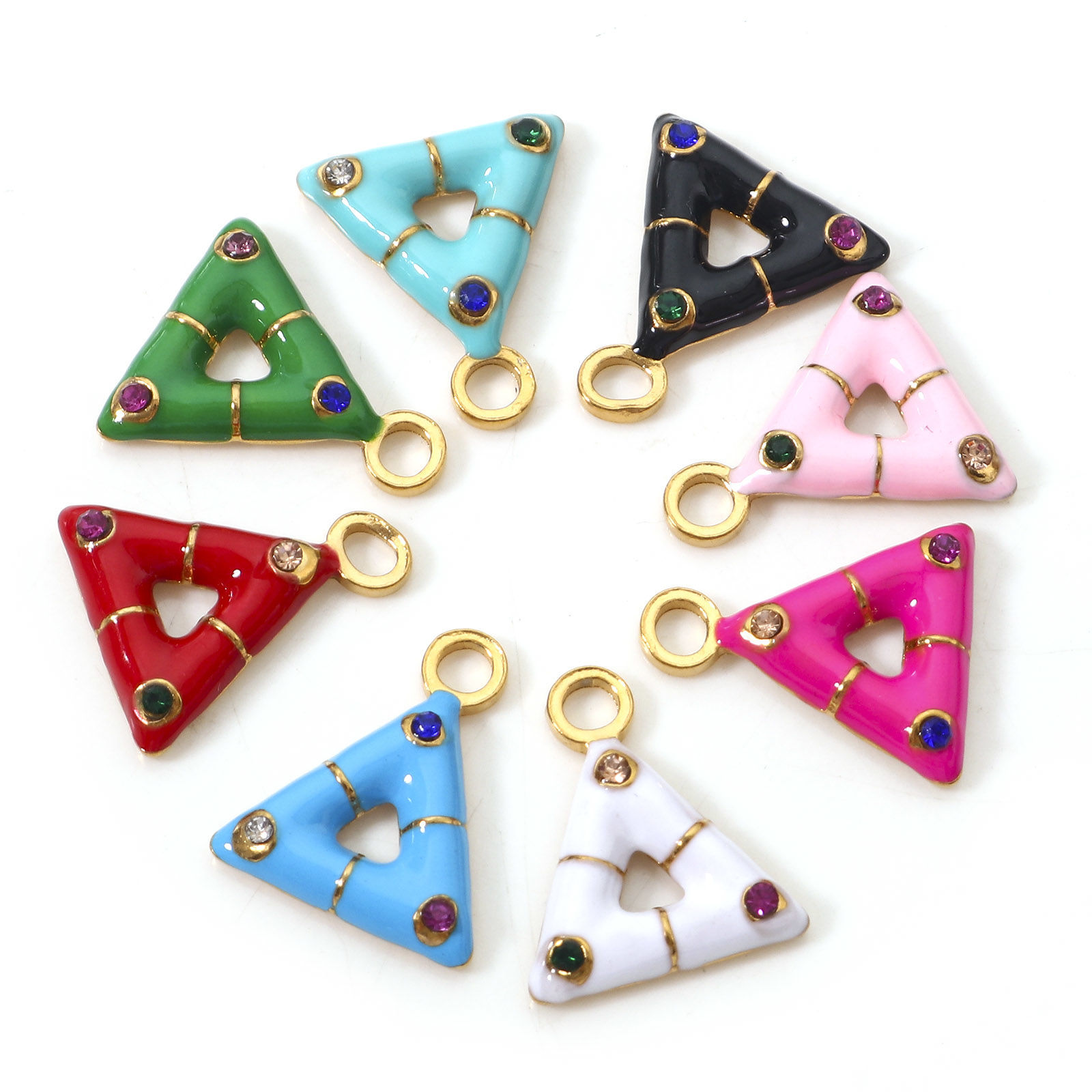 Picture of 304 Stainless Steel Geometry Series Charms Gold Plated Triangle Enamel Multicolor Rhinestone 15mm x 13mm