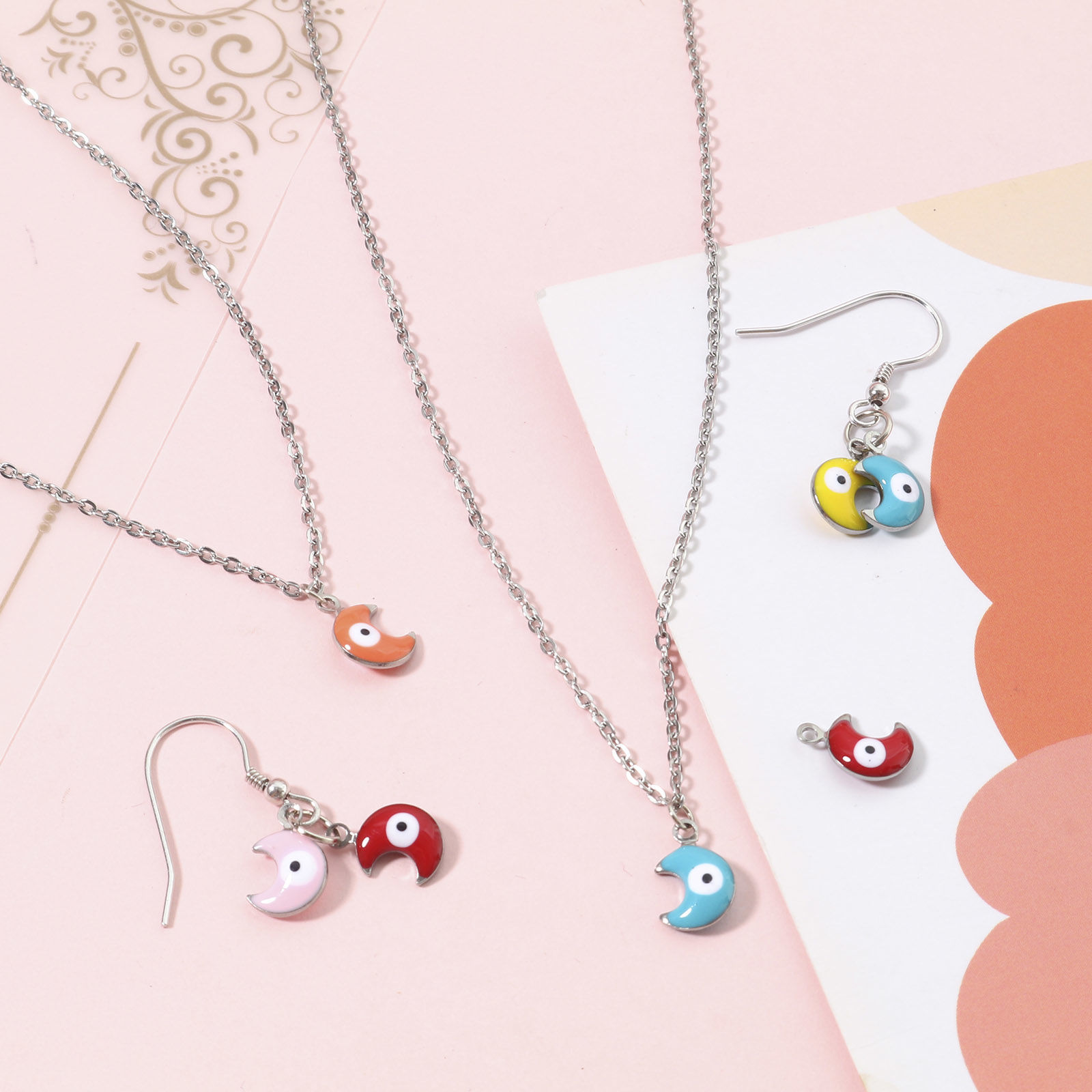 Picture of 304 Stainless Steel Religious Charms Silver Tone Multicolor Half Moon Evil Eye Double-sided Enamelled Sequins 11mm x 7mm