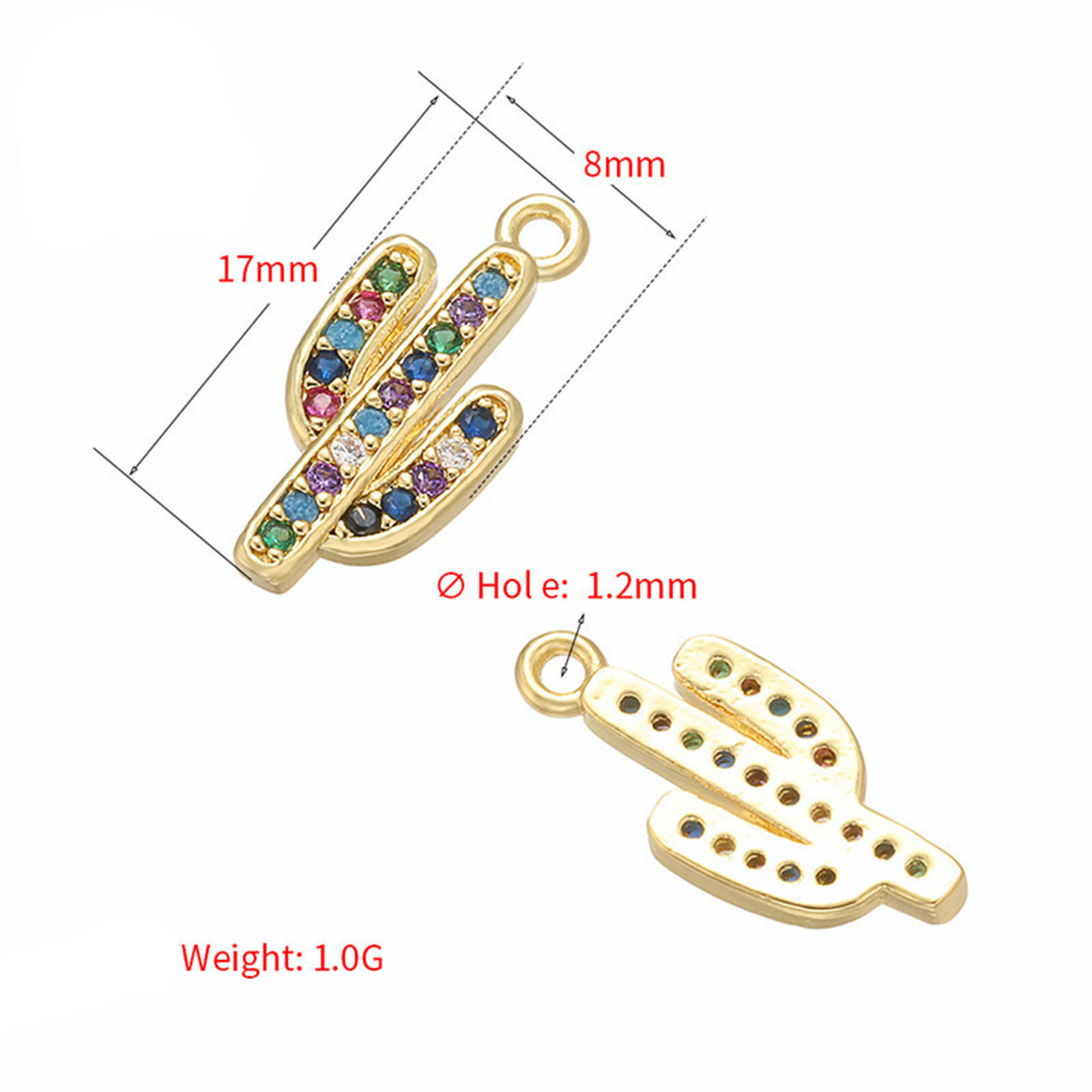 Picture of Brass Charms 18K Gold Plated Cactus Multicolor Rhinestone 17mm x 8mm