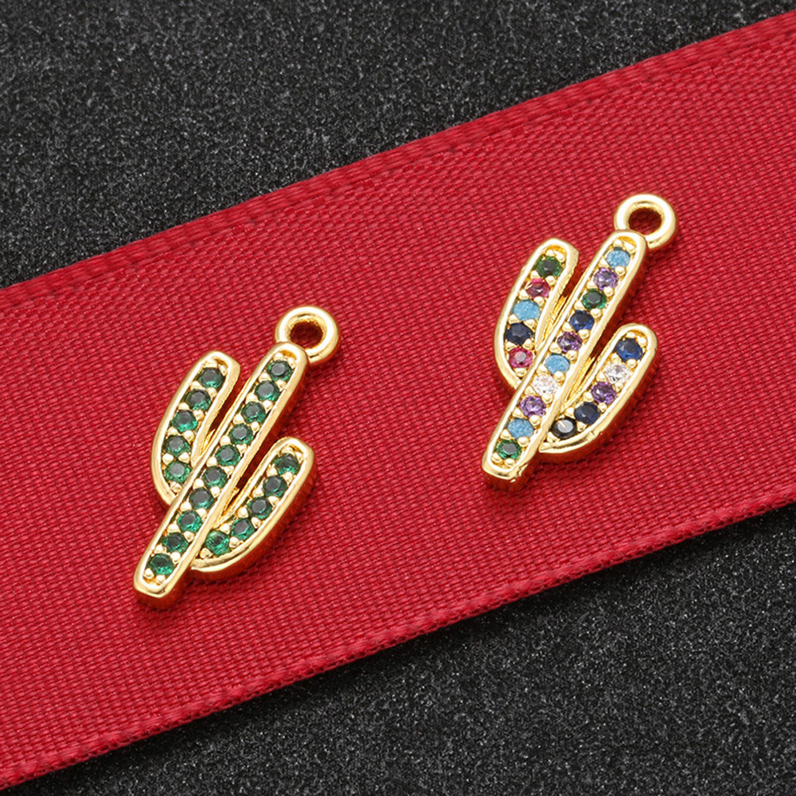 Picture of Brass Charms 18K Gold Plated Cactus Multicolor Rhinestone 17mm x 8mm