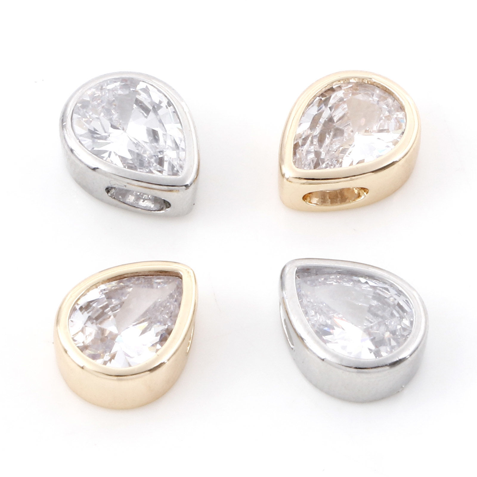Picture of Brass Charms Real Gold Plated Drop Clear Cubic Zirconia 10mm x 8mm