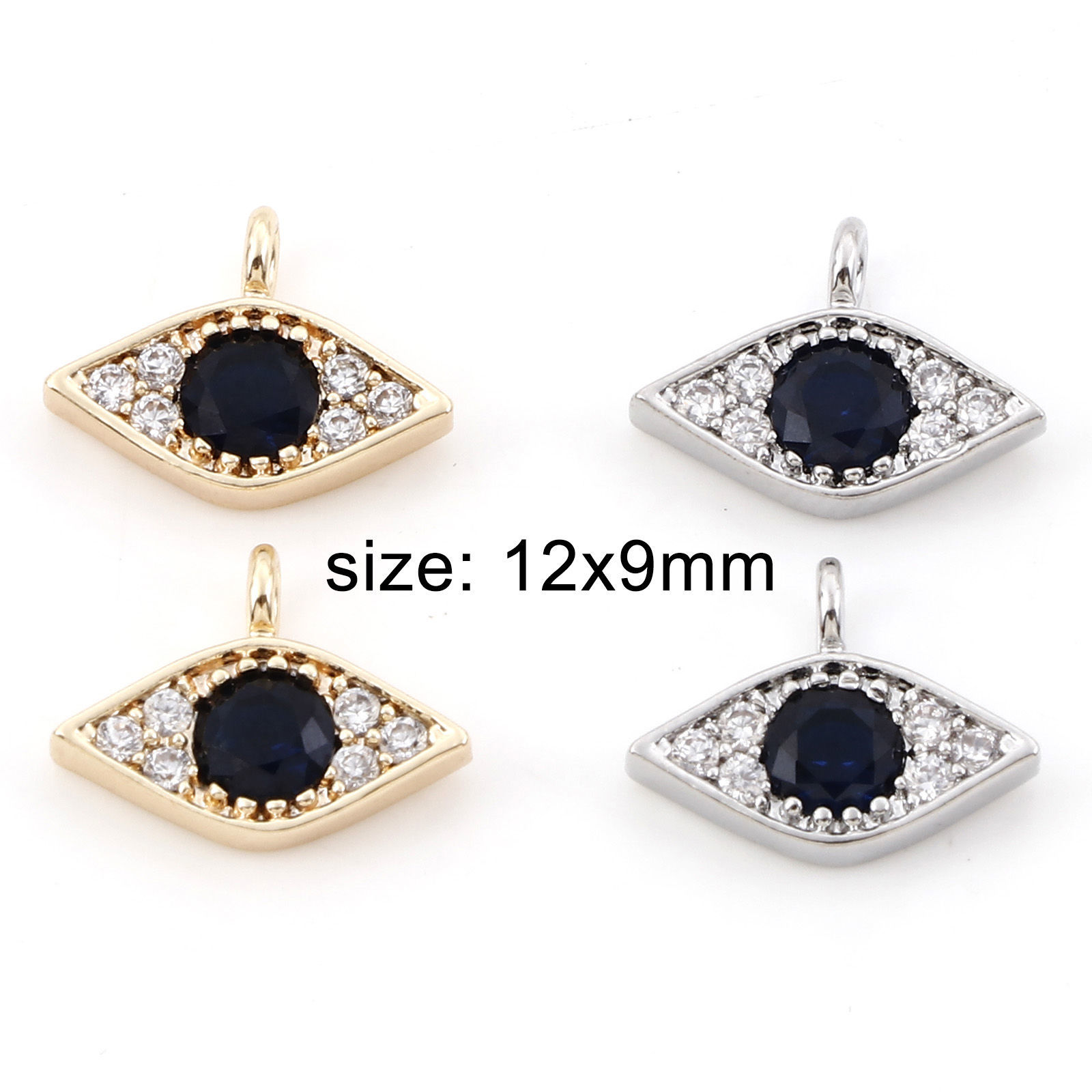 Picture of Brass Micro Pave Charms Real Gold Plated Eye Clear & Black Cubic Zirconia 12mm x 9mm
