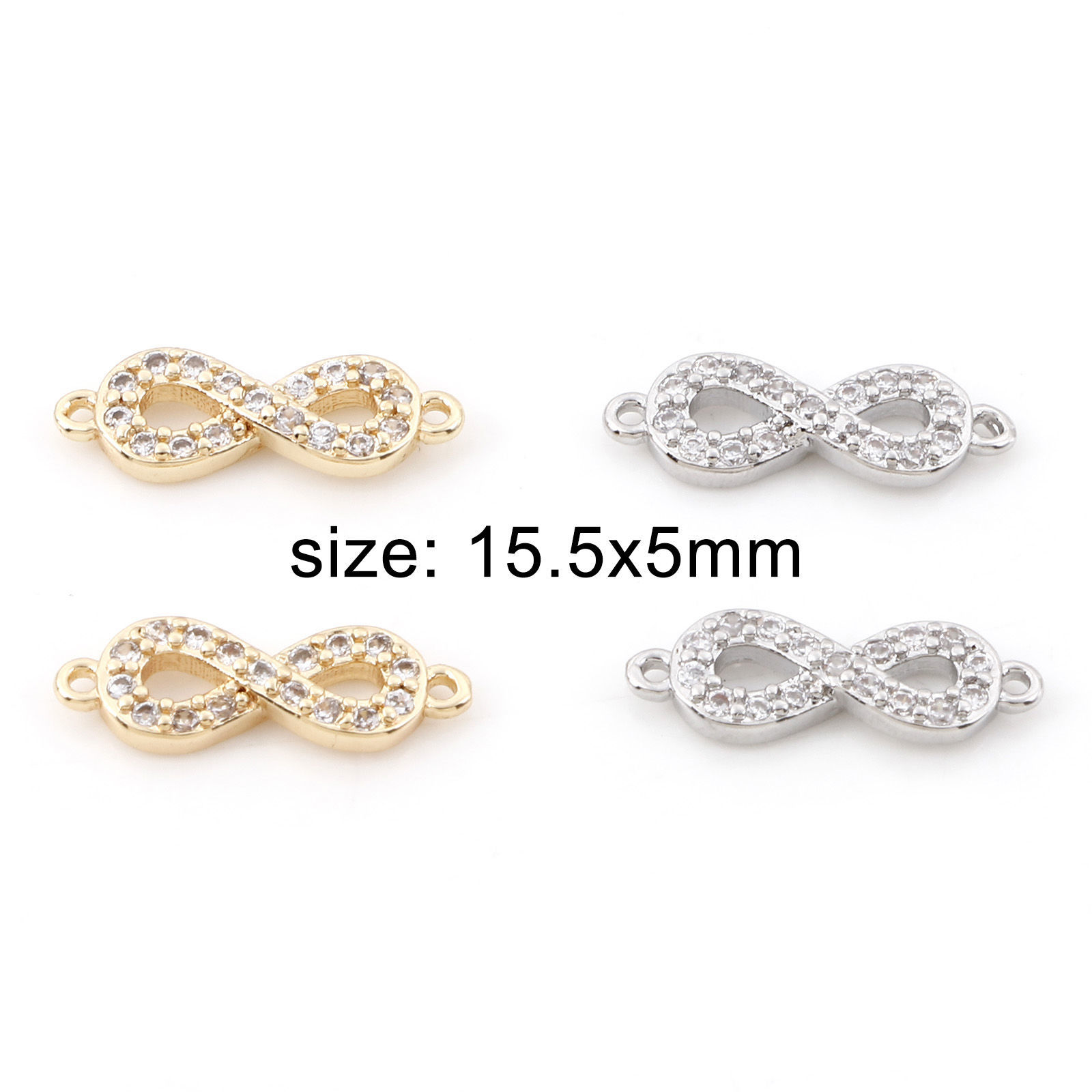Picture of Brass Micro Pave Connectors Charms Pendants Infinity Symbol Real Gold Plated Clear Cubic Zirconia 15.5mm x 5mm