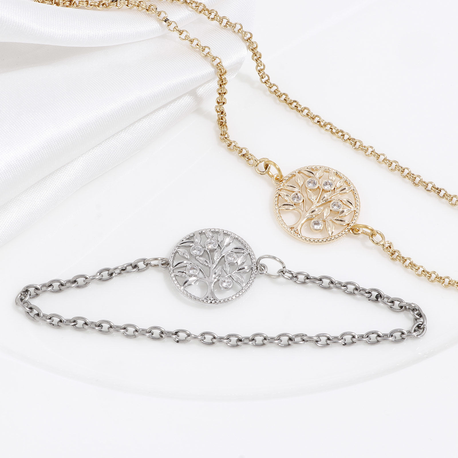 Picture of Brass Micro Pave Connectors Charms Pendants Round Tree of Life Real Gold Plated Hollow Clear Cubic Zirconia 22mm x 18mm