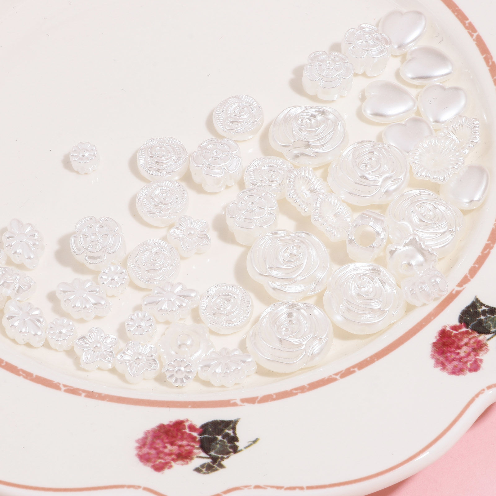 Picture of Acrylic Beads For DIY Jewelry Making White Flower Heart Imitation Pearl