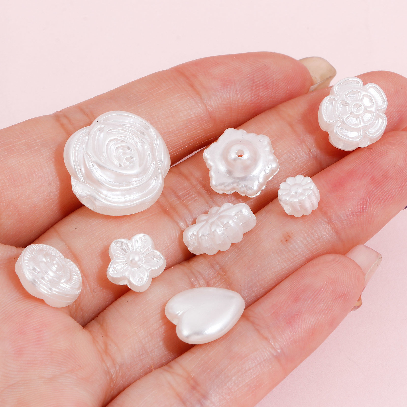 Picture of Acrylic Beads For DIY Jewelry Making White Flower Heart Imitation Pearl