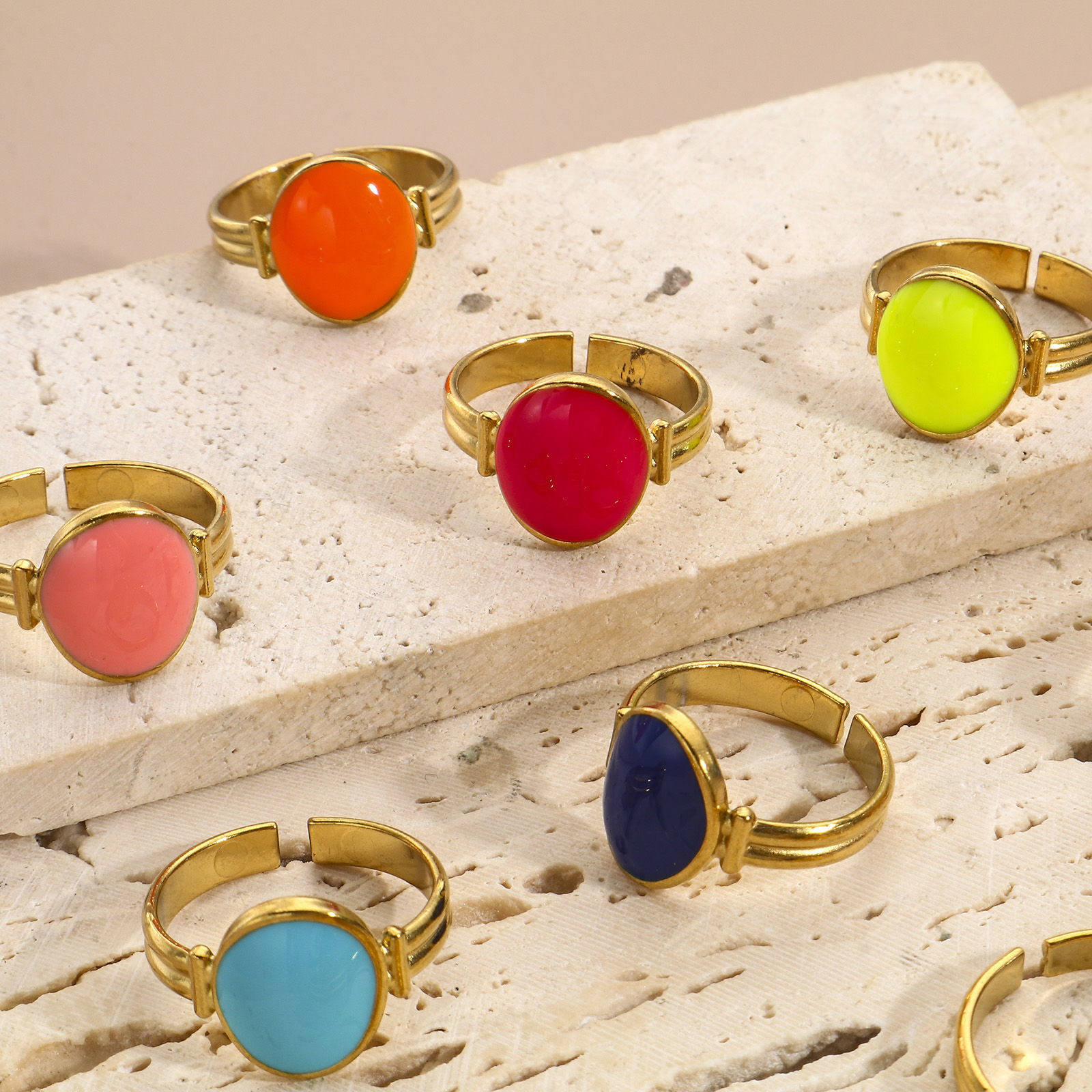 Picture of Eco-friendly Vacuum Plating 304 Stainless Steel Open Adjustable Rings 18K Gold Plated Oval Enamel 16.9mm(US Size 6.5)