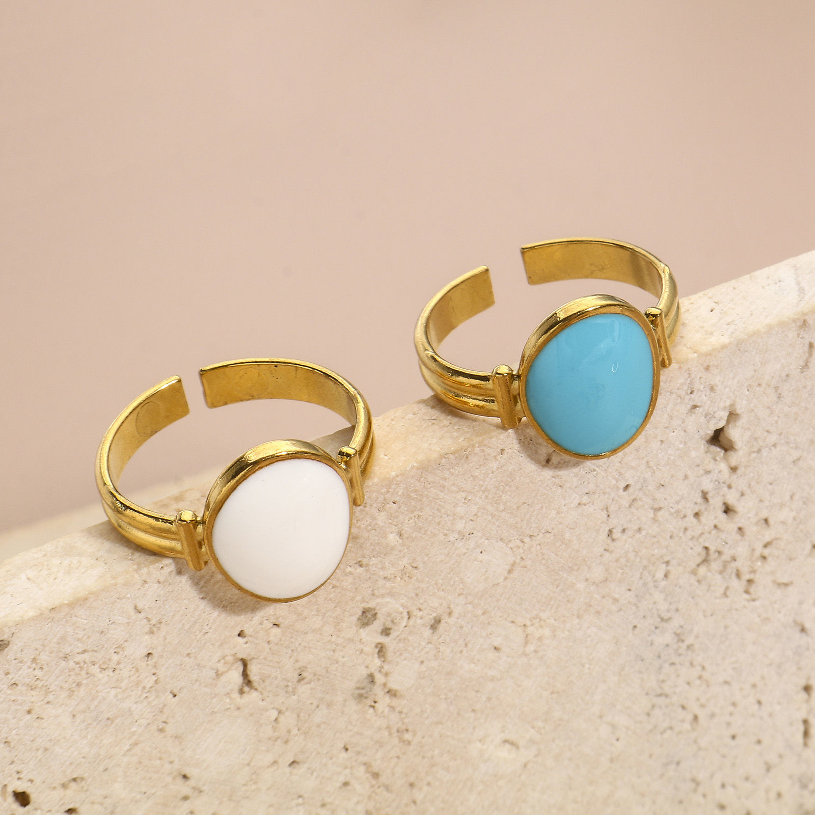 Picture of Eco-friendly Vacuum Plating 304 Stainless Steel Open Adjustable Rings 18K Gold Plated Oval Enamel 16.9mm(US Size 6.5)