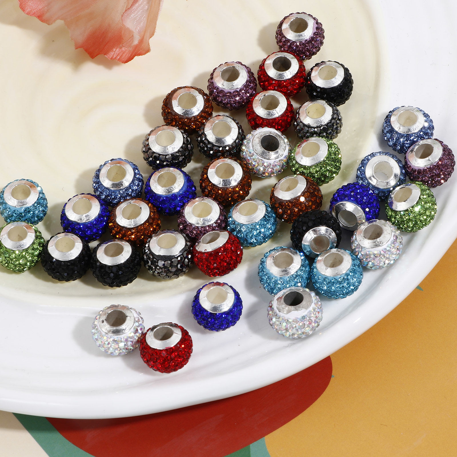 Imagen de Arcilla Granos del Encanto del Agujero Grande del Estilo Europeo Multicolor Ronda Con Brillantito 13mm Dia., Agujero: Aprox 4.5mm, 10 Unidades