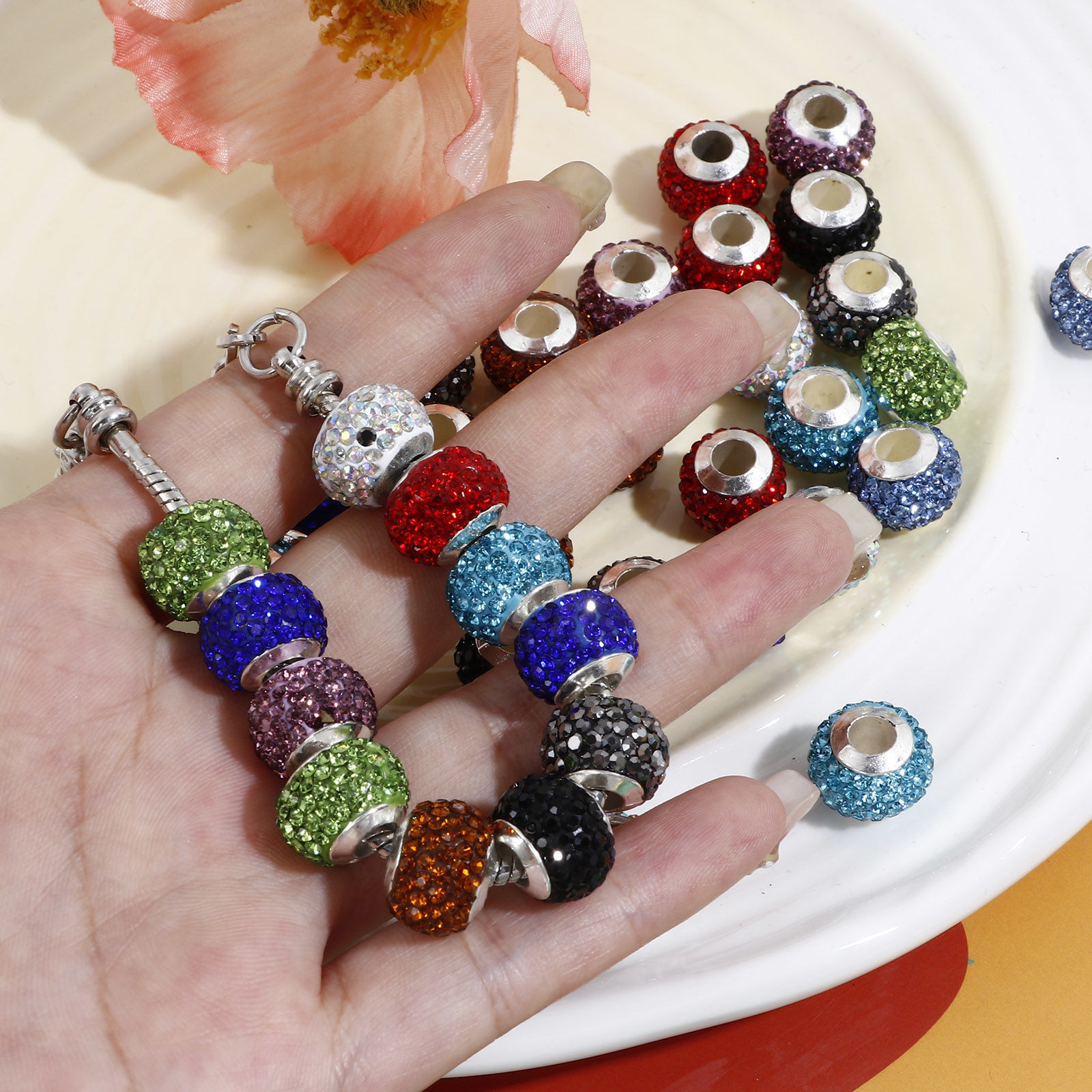 Imagen de Arcilla Granos del Encanto del Agujero Grande del Estilo Europeo Multicolor Ronda Con Brillantito 13mm Dia., Agujero: Aprox 4.5mm, 10 Unidades