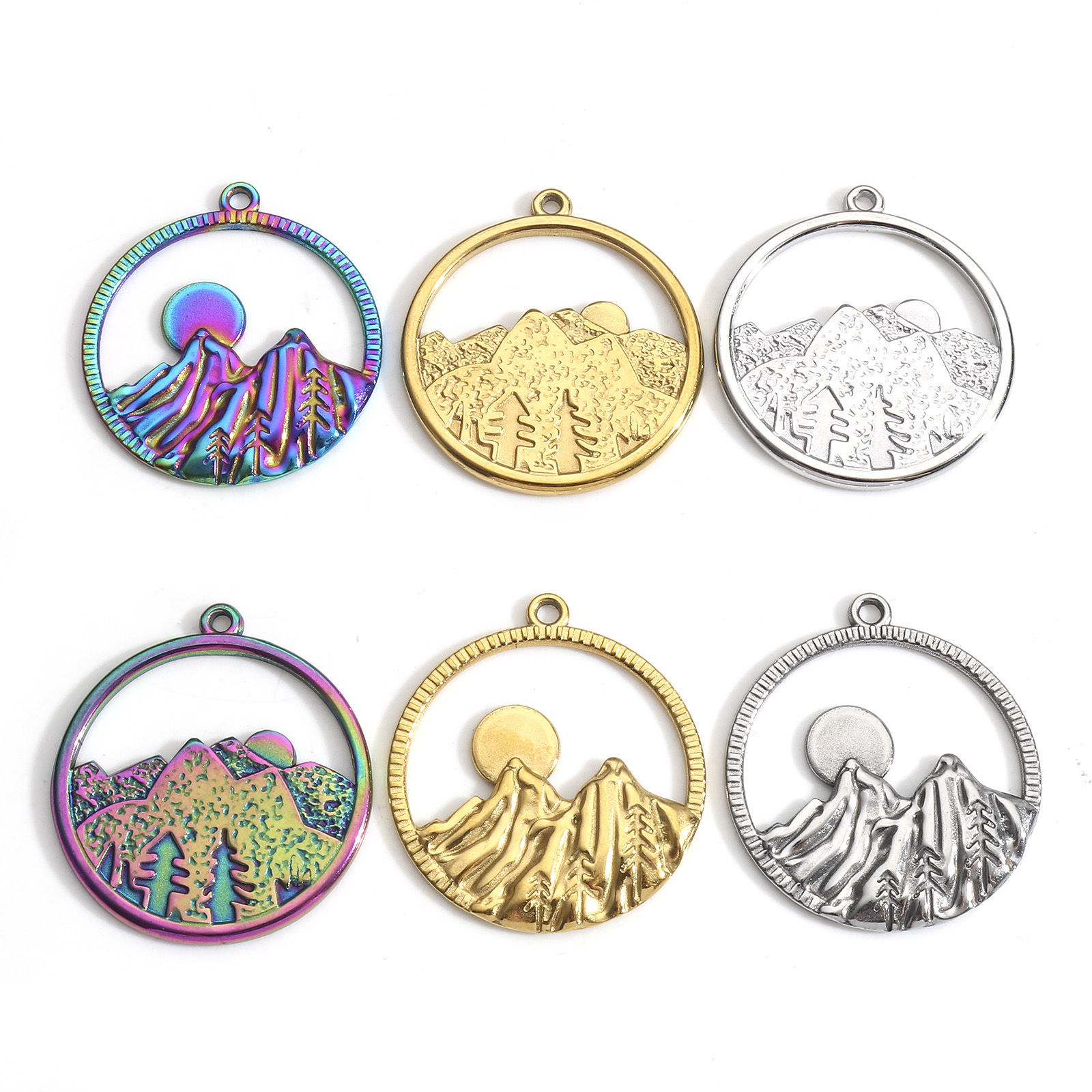 Image de Breloques en 304 Acier Inoxydable Voyage Rond Multicolore Montagne Creux 3 Pcs