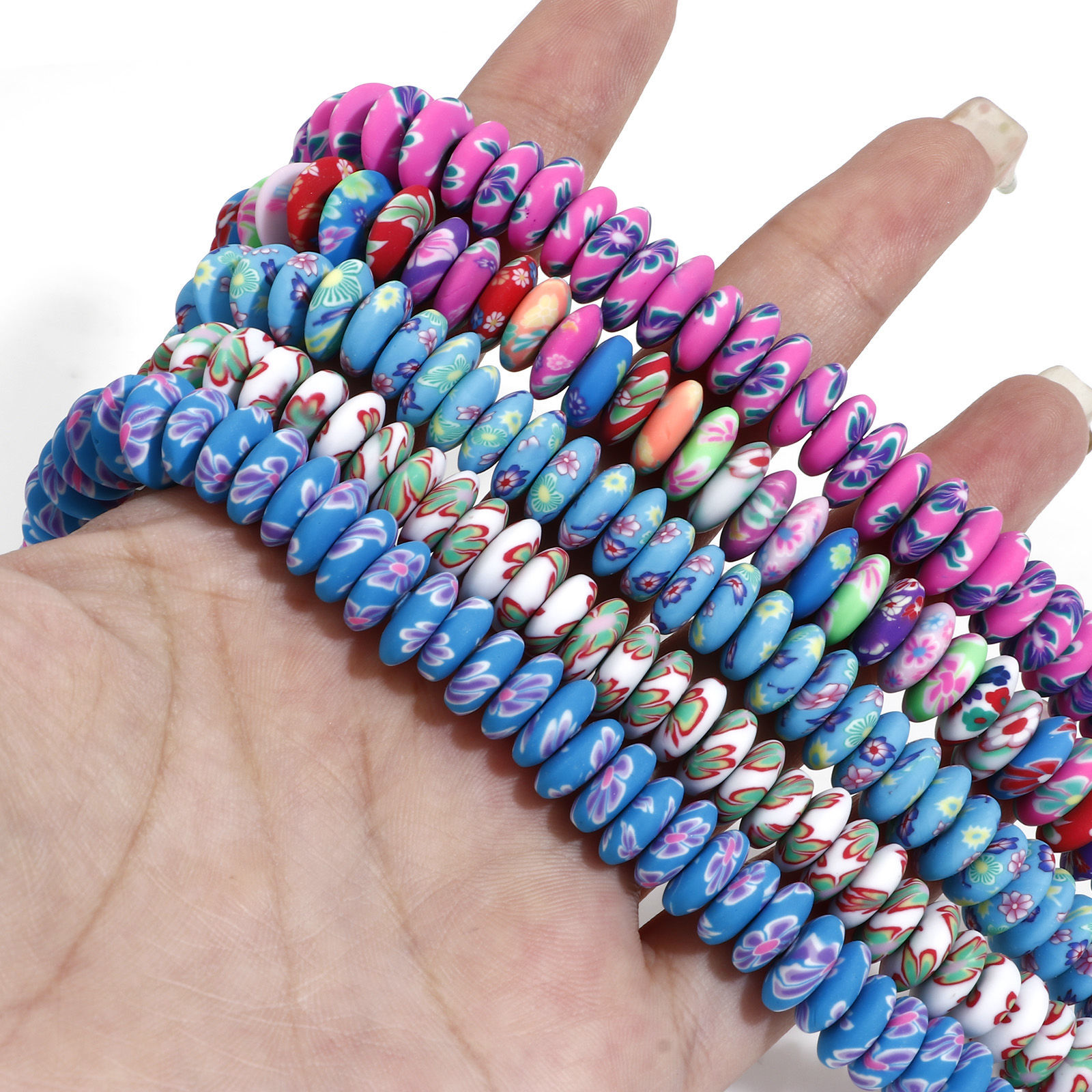 Picture of Polymer Clay Beads For DIY Jewelry Making Saucer Multicolor Flower Pattern About 9mm Dia