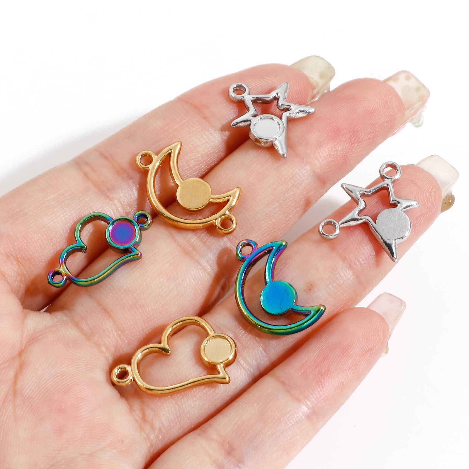 Изображение Экологически чистое вакуумное покрытие 304 Нержавеющая Сталь галактика Подвески Луна половина Разноцветный Звезда Основы для Кабошонов (Подходит 4мм ) 3 ШТ