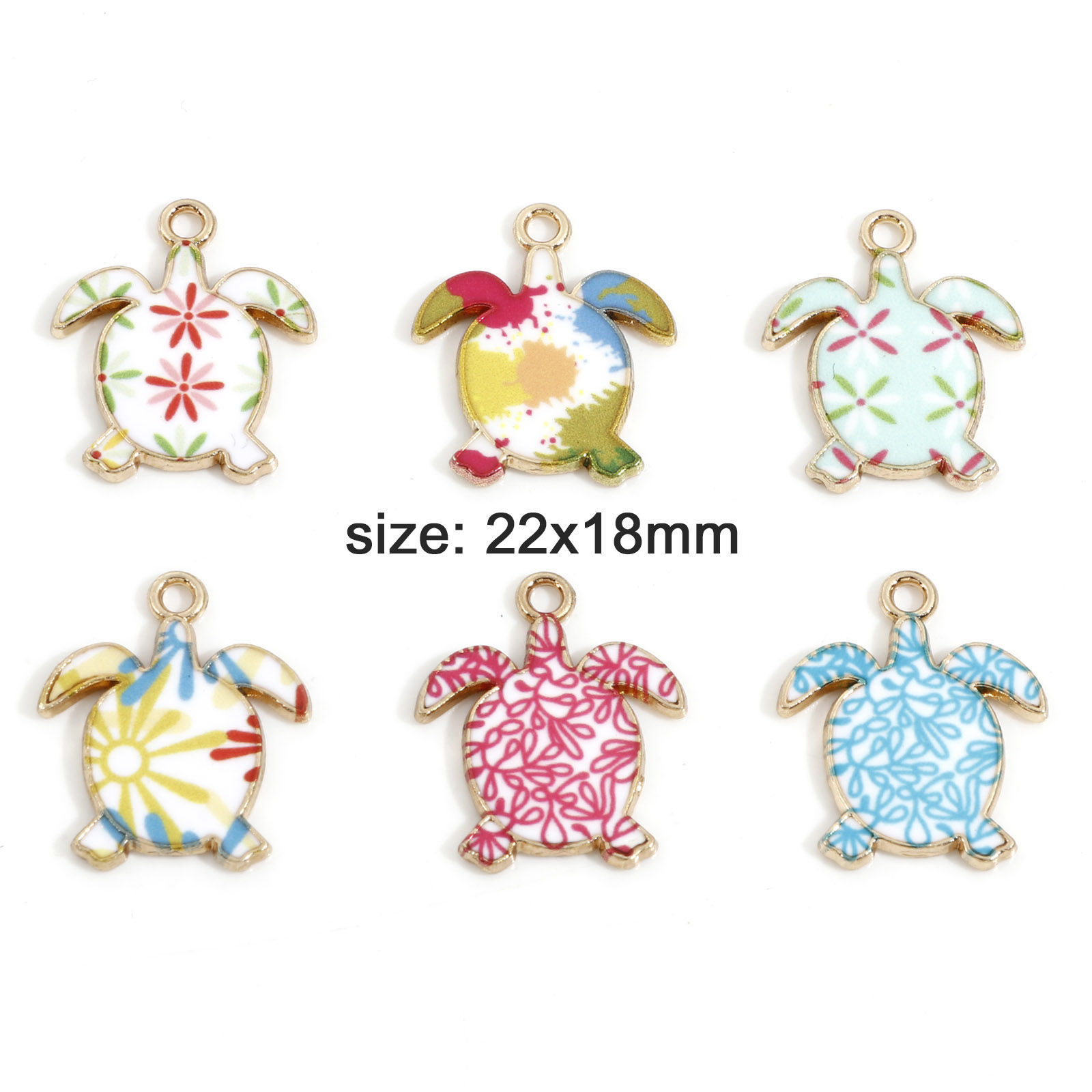 Imagen de Zamak Joyería del océano Colgantes Charms Chapado en Oro Multicolor Tortuga Marina Esmalte 22mm x 18mm, 10 Unidades