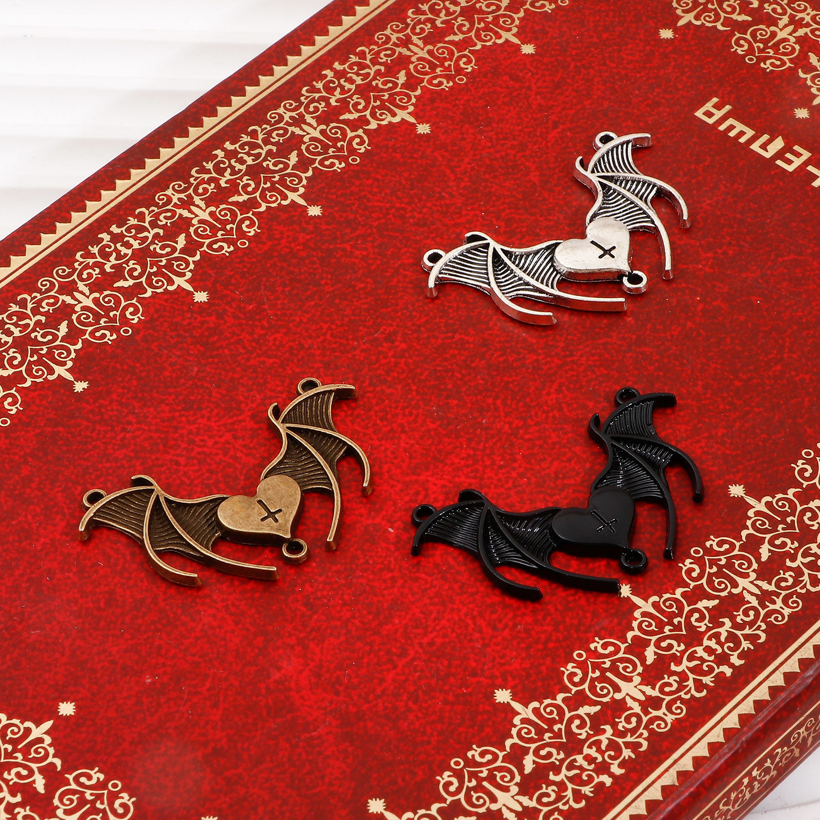 Picture of Zinc Based Alloy Religious Connectors Charms Pendants Multicolor Halloween Bat Animal Cross 4.2cm x 2.6cm