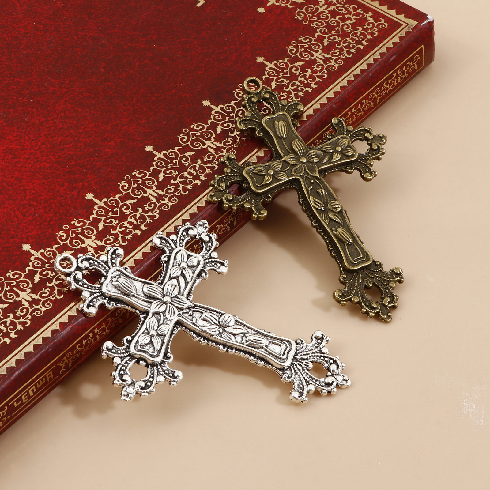 Imagen de Zamak Religión Colgantes Multicolor Cruz Flor de vid 7.4cm x 5.3cm, 5 Unidades