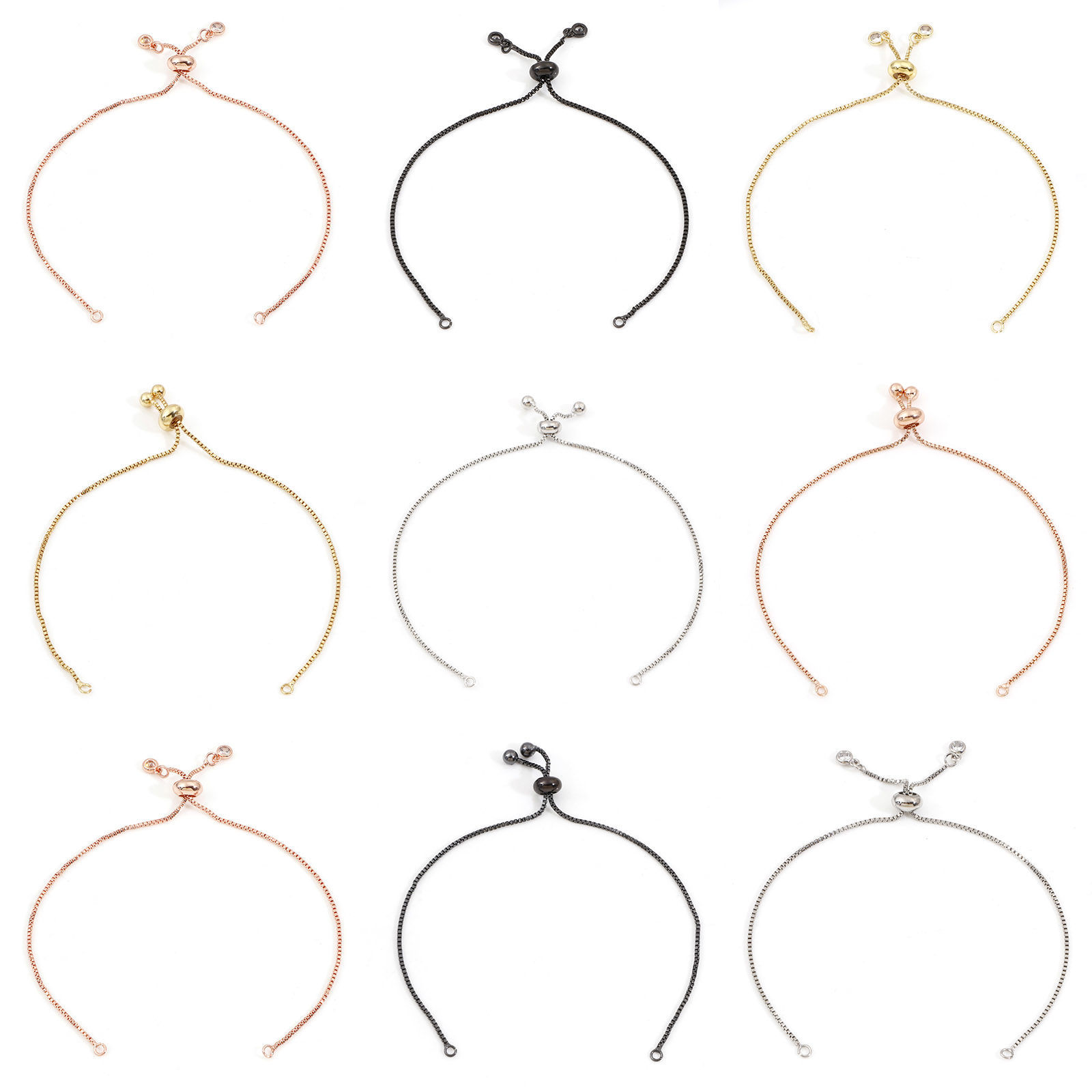 Picture of Brass Box Chain Semi-finished Adjustable Slider/ Slide Bolo Bracelets For DIY Handmade Jewelry Making Multicolor 23cm(9") long