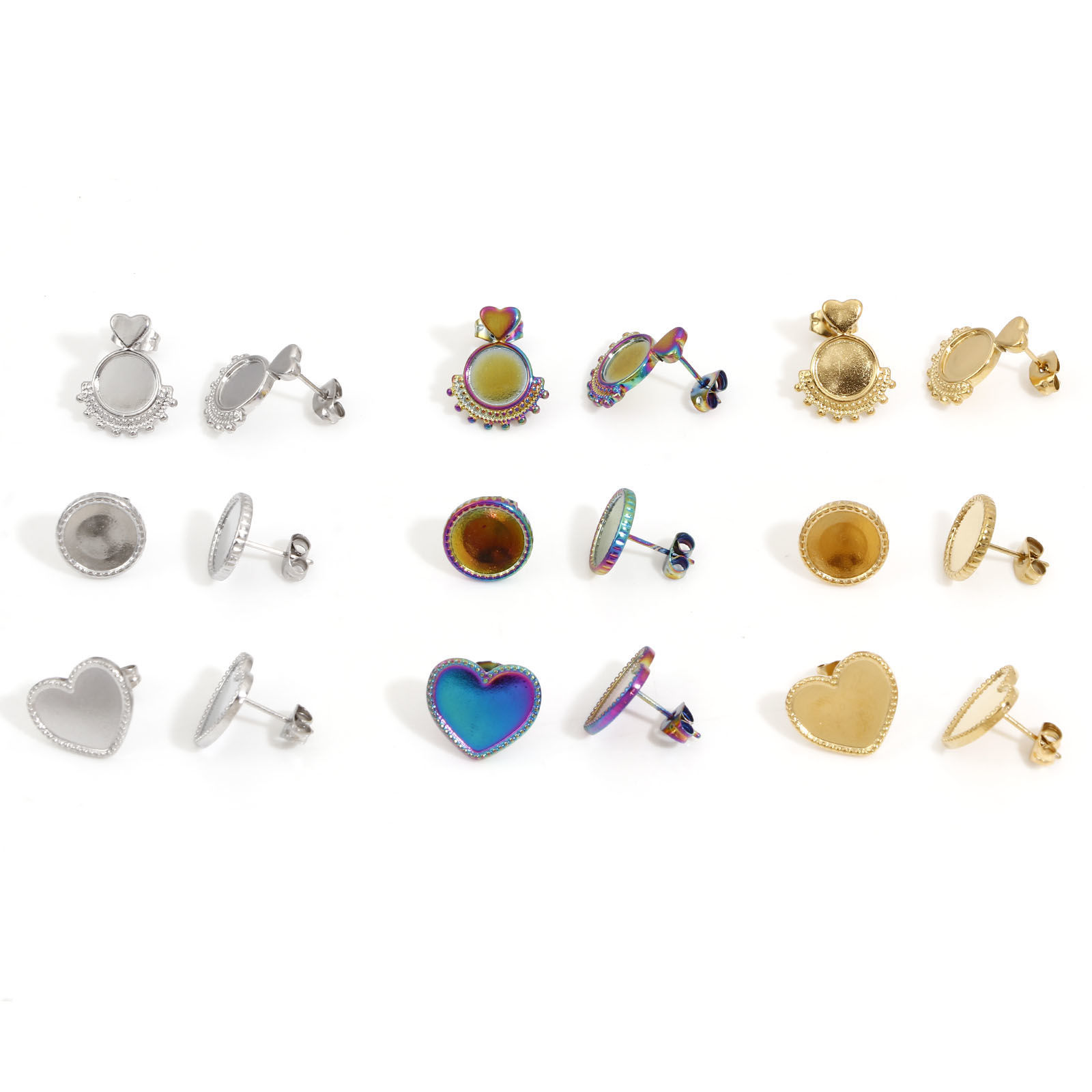 Bild von 4 Stück 304 Edelstahl Ohrring Ohrstecker Disc Bunt Herz Cabochon Fassung