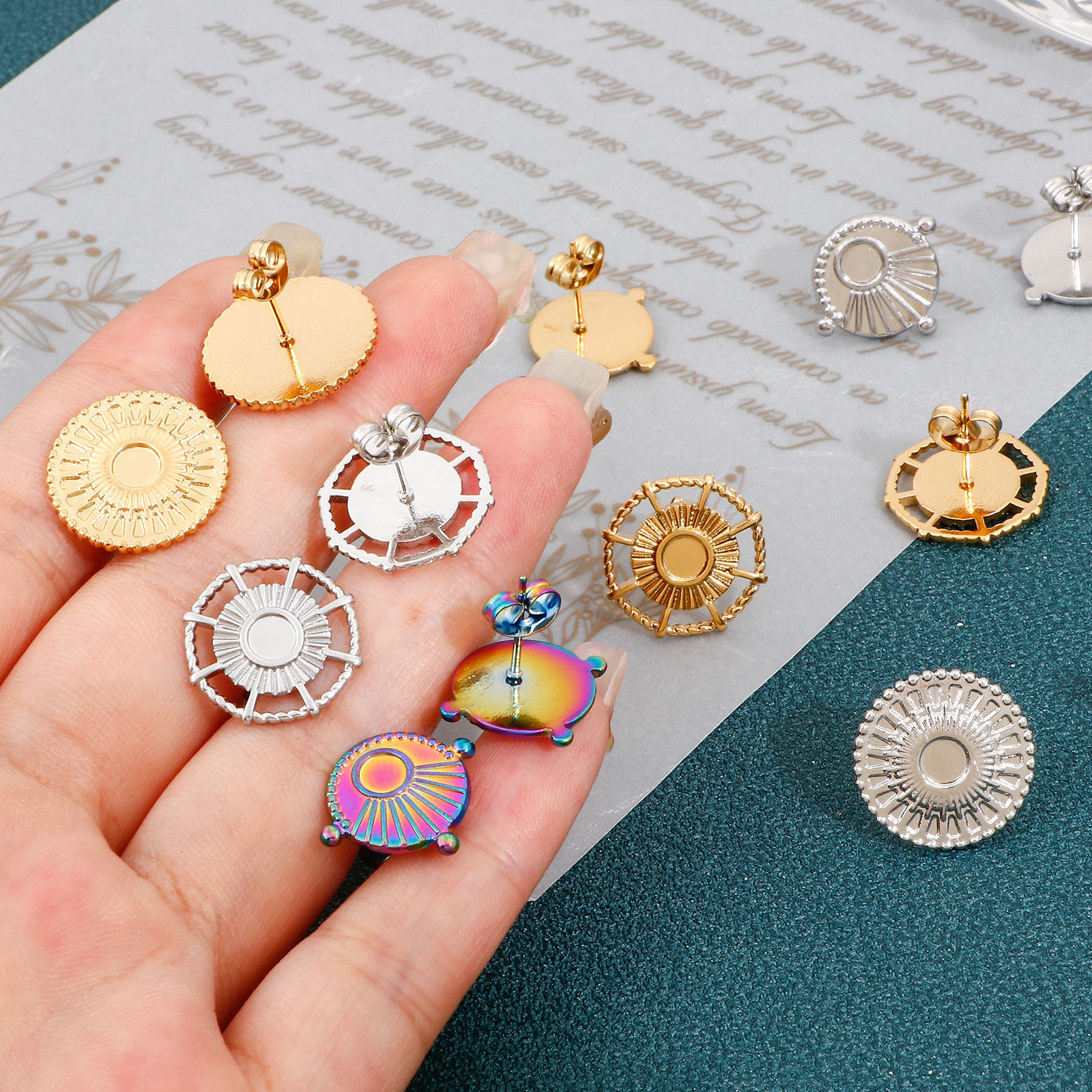 Bild von 4 Stück 304 Edelstahl Ohrring Ohrstecker Sonne Bunt Cabochon Fassung