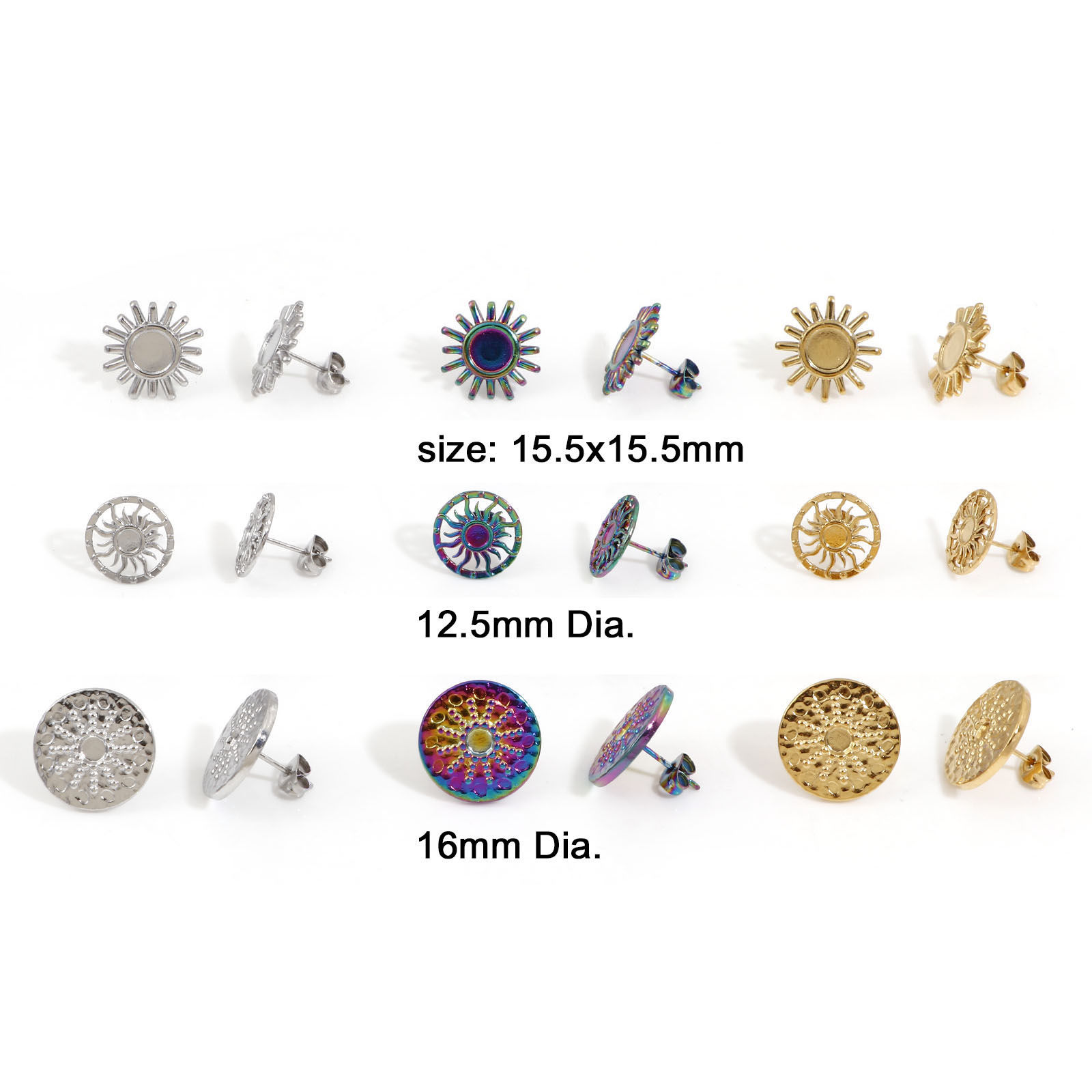 Bild von 4 Stück 304 Edelstahl Ohrring Ohrstecker Sonne Bunt Cabochon Fassung