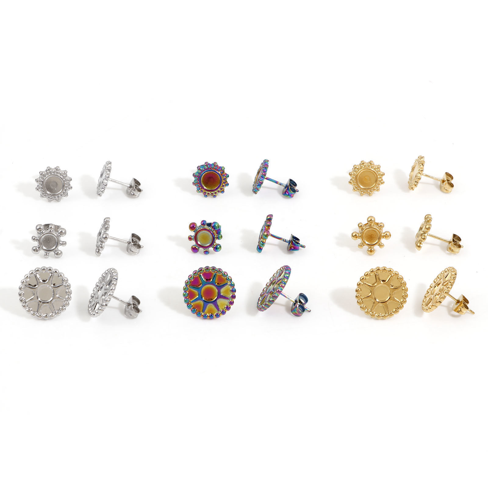 Bild von 4 Stück 304 Edelstahl Ohrring Ohrstecker Rund Bunt Cabochon Fassung