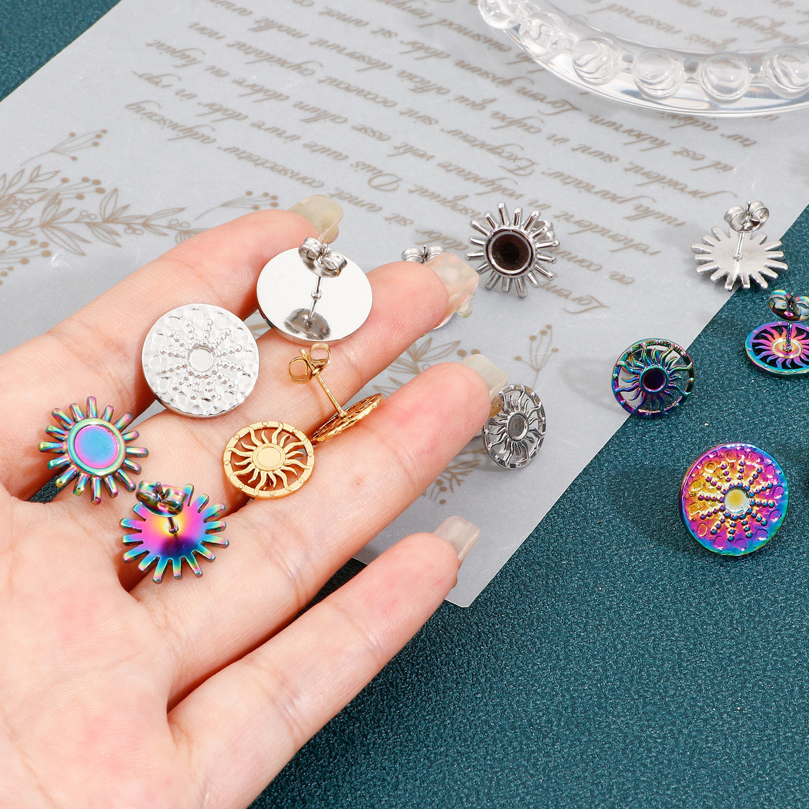 Bild von 4 Stück 304 Edelstahl Ohrring Ohrstecker Rund Bunt Cabochon Fassung