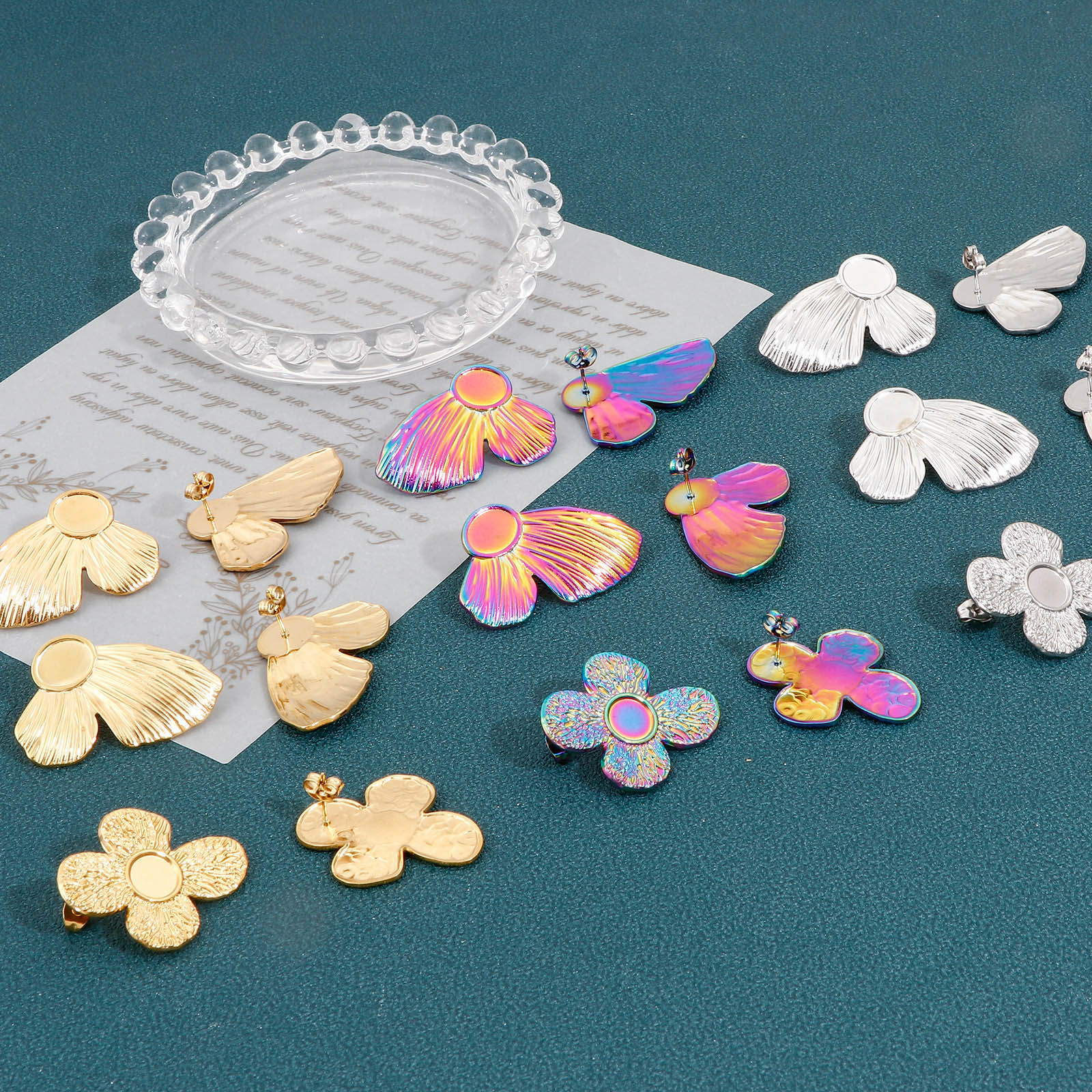 Bild von 2 Stück 304 Edelstahl Ohrring Ohrstecker Flügel Bunt Schmetterling Cabochon Fassung