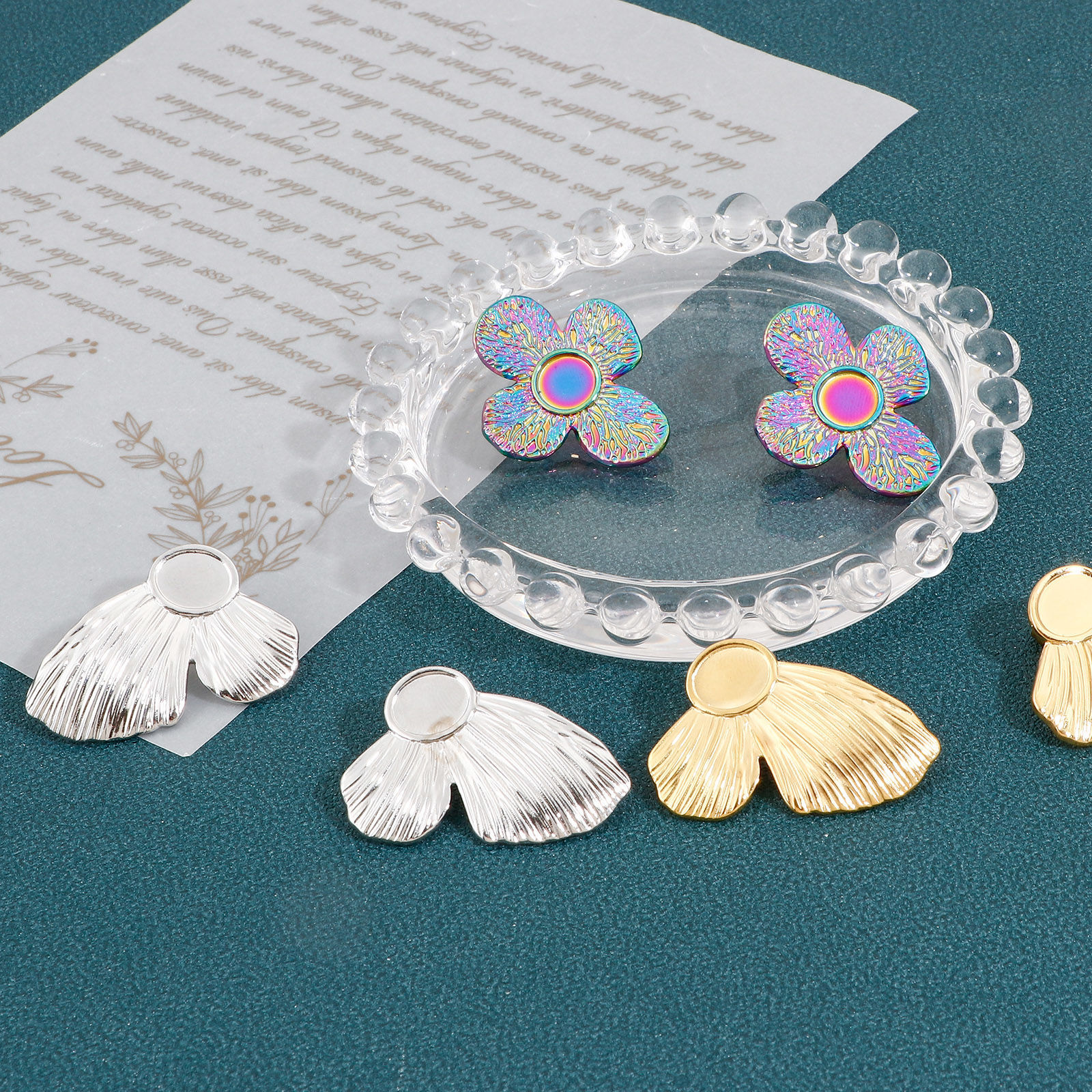 Bild von 2 Stück 304 Edelstahl Ohrring Ohrstecker Flügel Bunt Schmetterling Cabochon Fassung