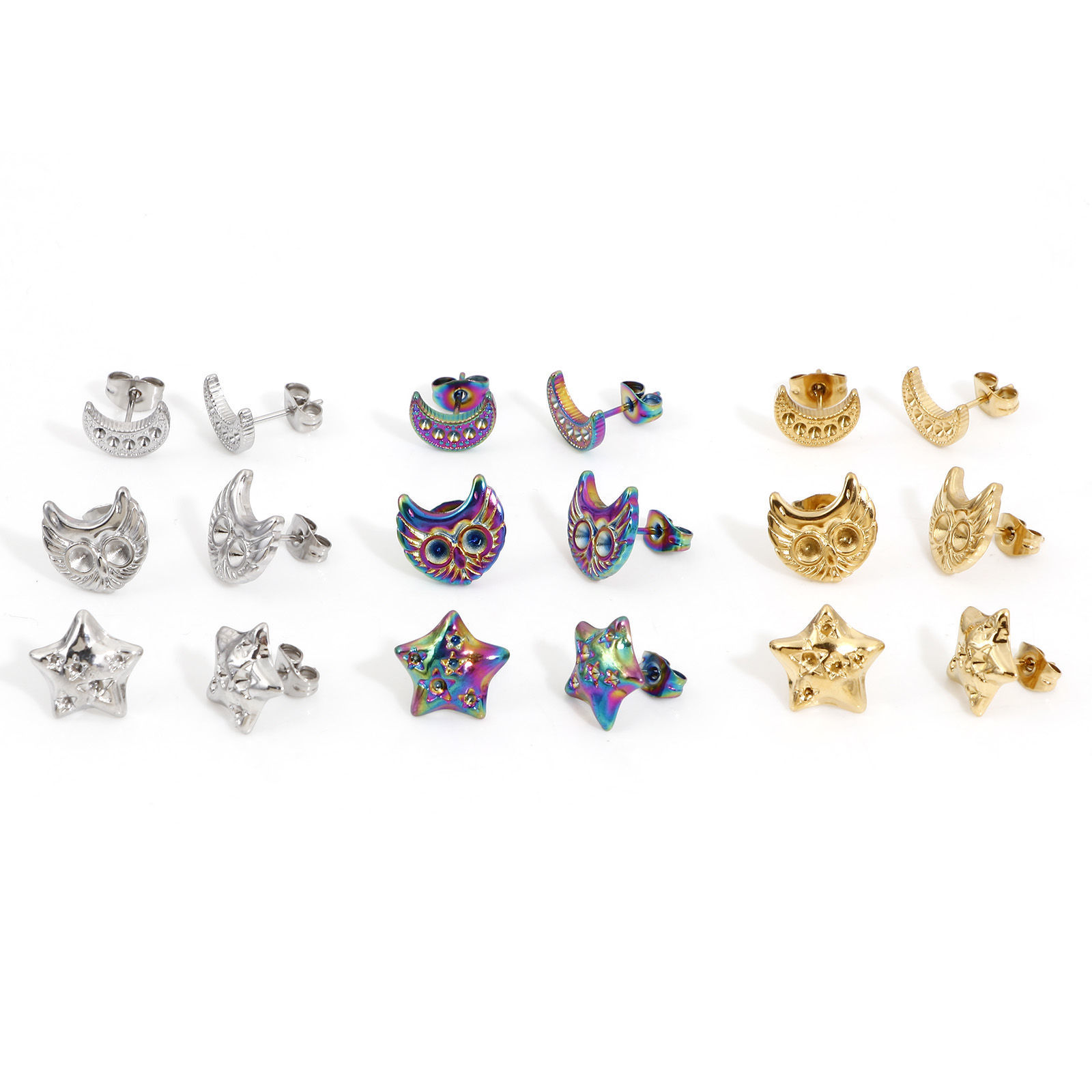 Picture of 304 Stainless Steel Ear Post Stud Earrings Half Moon Multicolor Owl