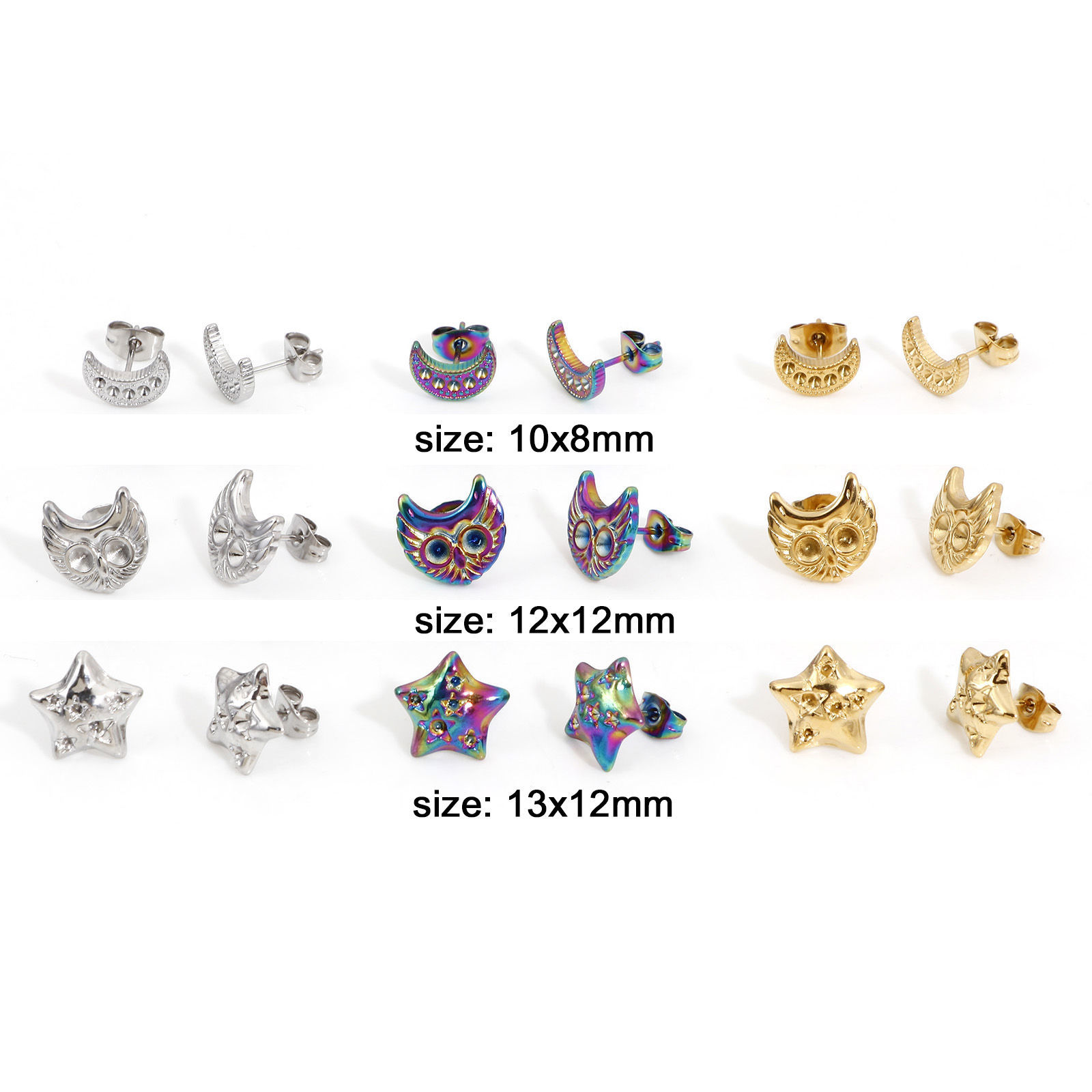 Picture of 304 Stainless Steel Ear Post Stud Earrings Half Moon Multicolor Owl