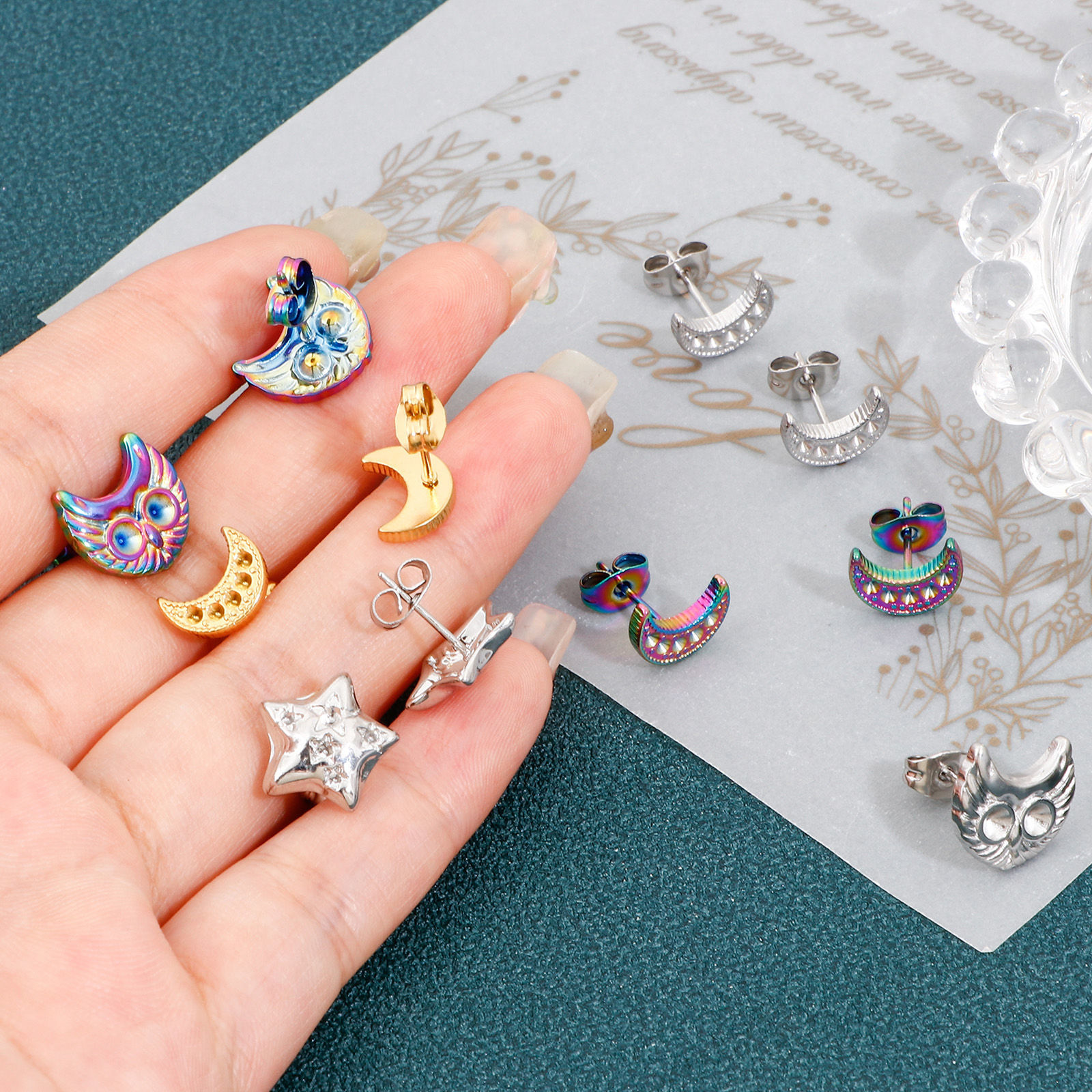 Picture of 304 Stainless Steel Ear Post Stud Earrings Half Moon Multicolor Owl