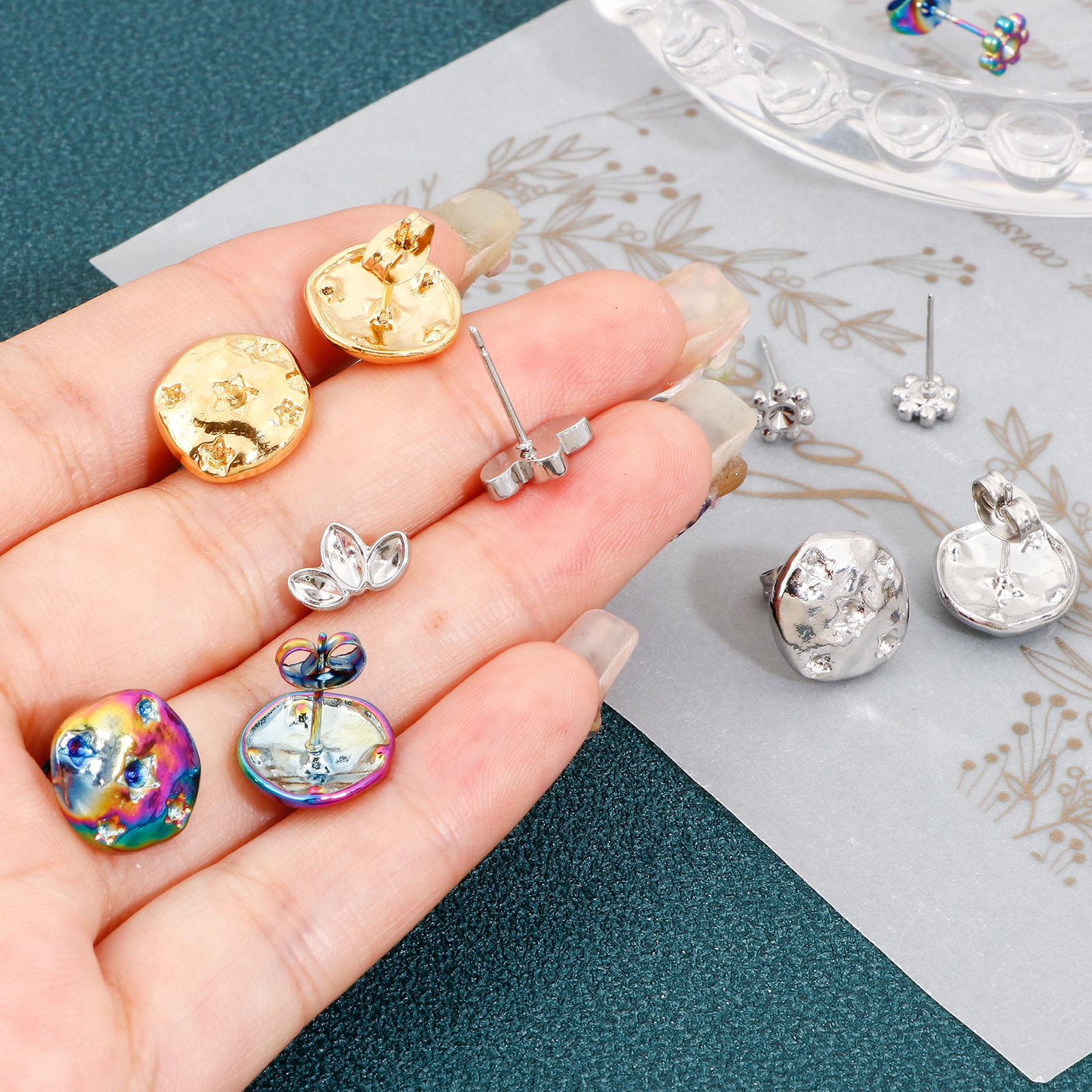 Изображение 4 ШТ 304 Нержавеющая Сталь Серьги Шпильки Разноцветный Цветок Листья