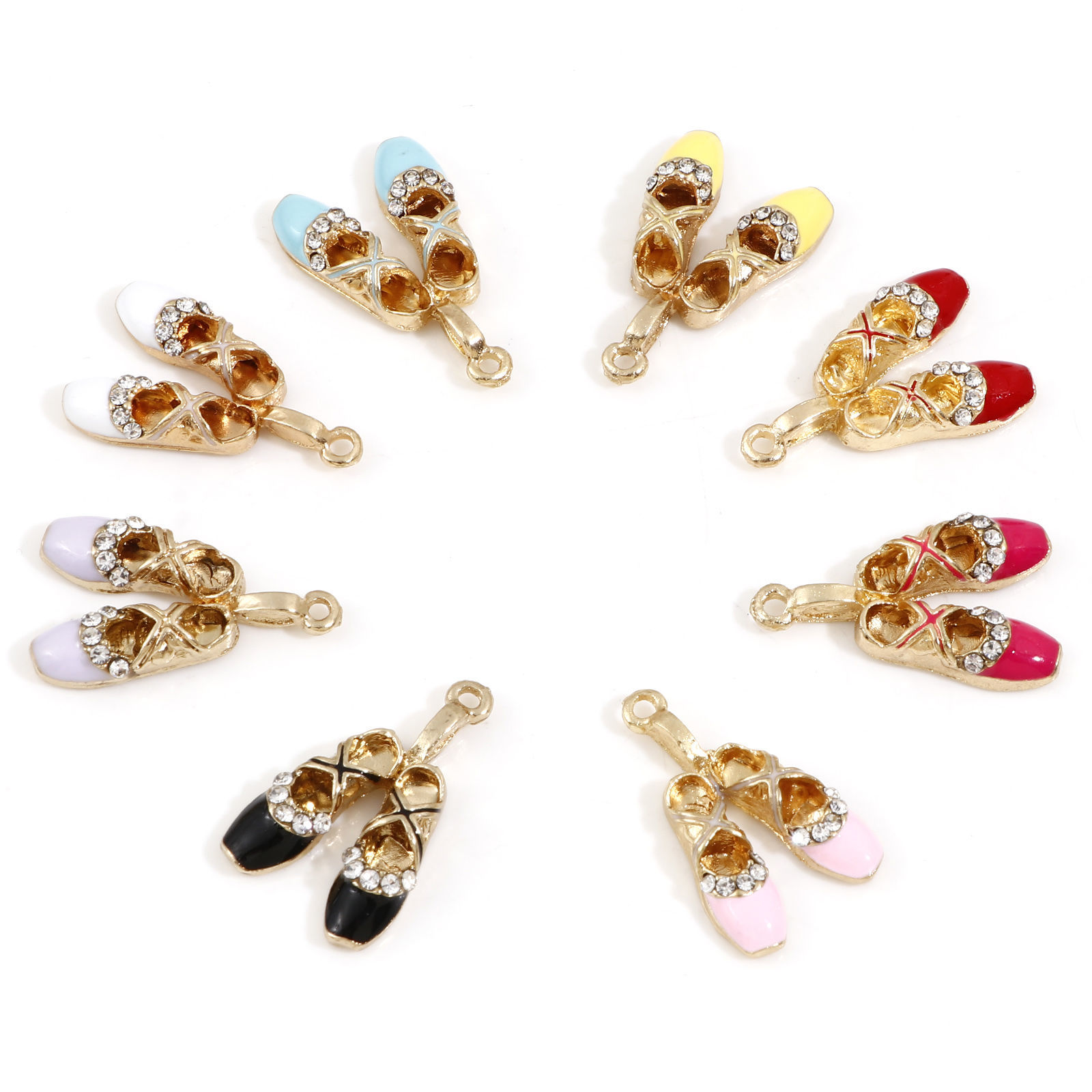 Image de Breloques Vêtements en Alliage de Zinc Doré Multicolore Chaussures de Ballet à Strass Transparent Émail 16mm x 16mm, 5 Pcs
